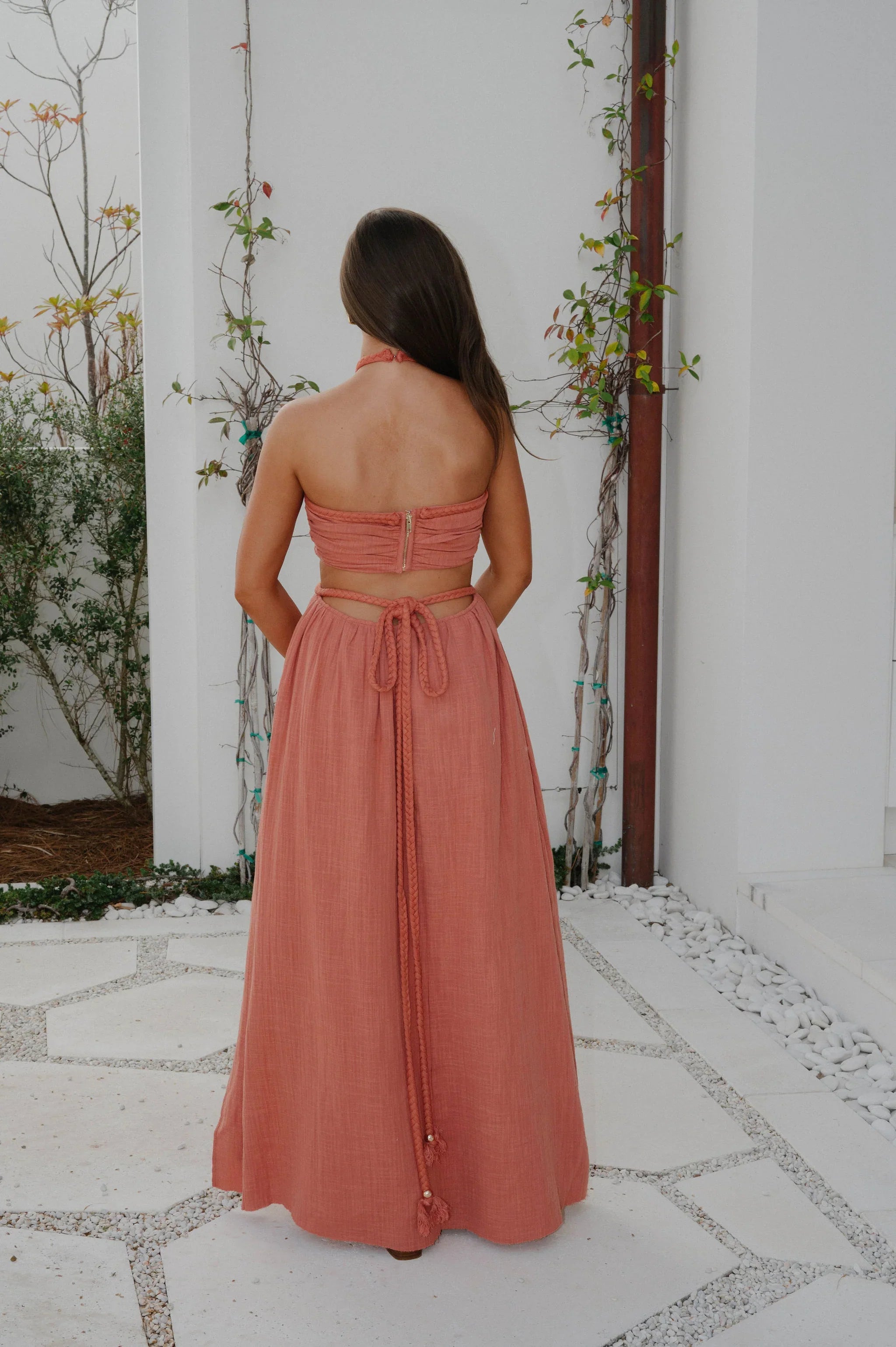 Braided Cut Out Maxi Dress-Rust