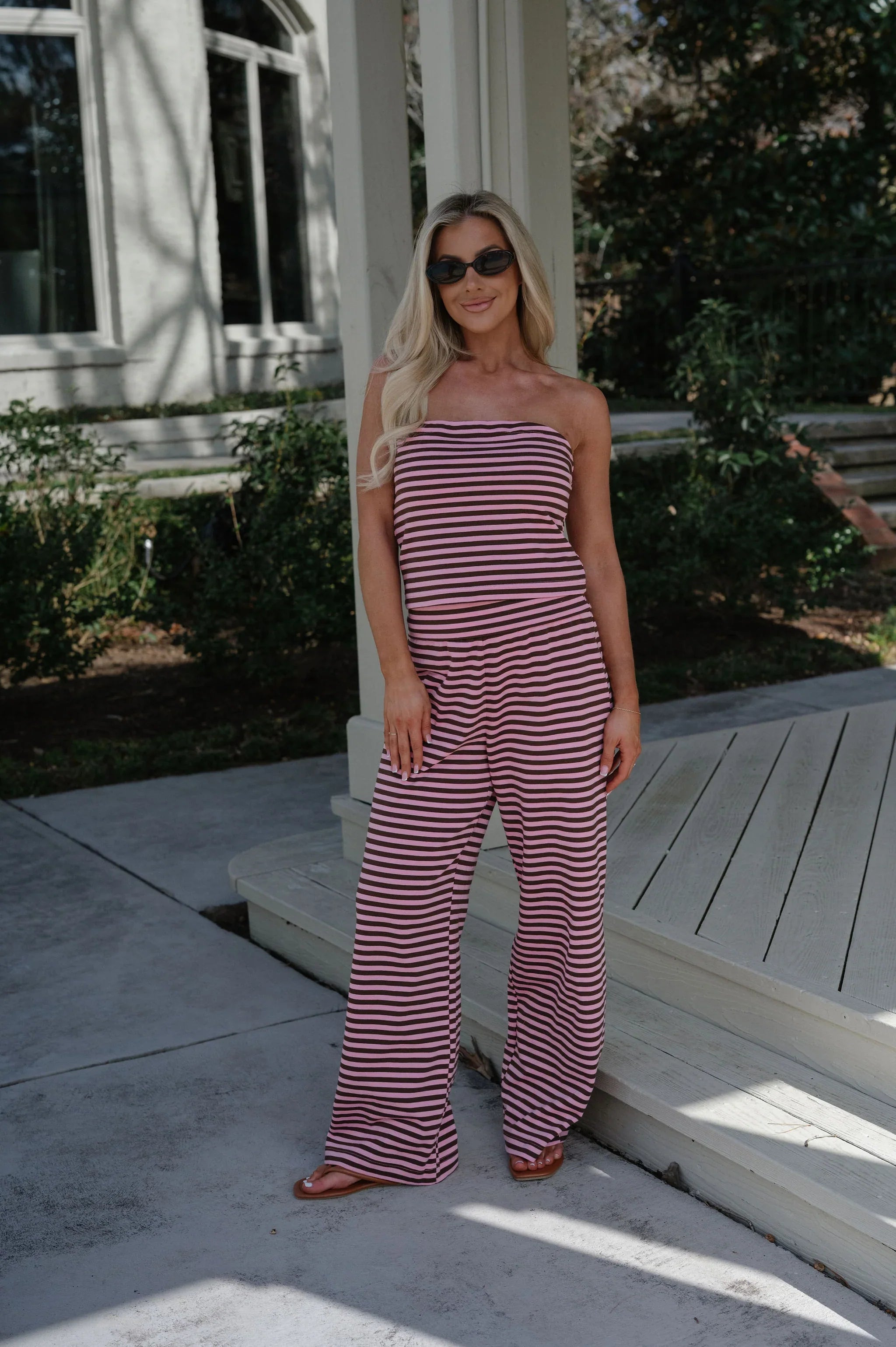 Paloma Striped Pants Set-Pink/Brown