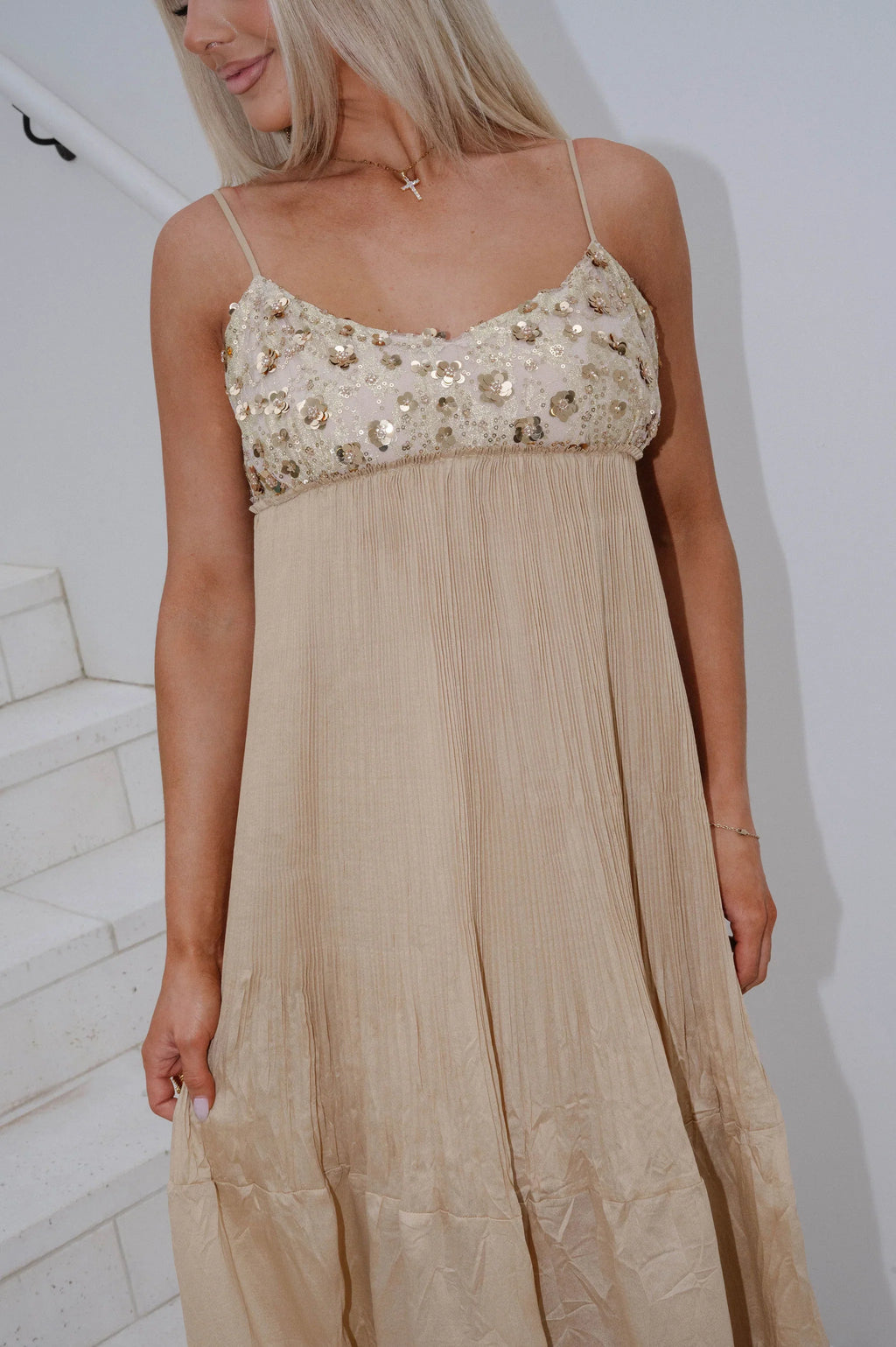 Tyler Sequin Detail Maxi Dress-Tan