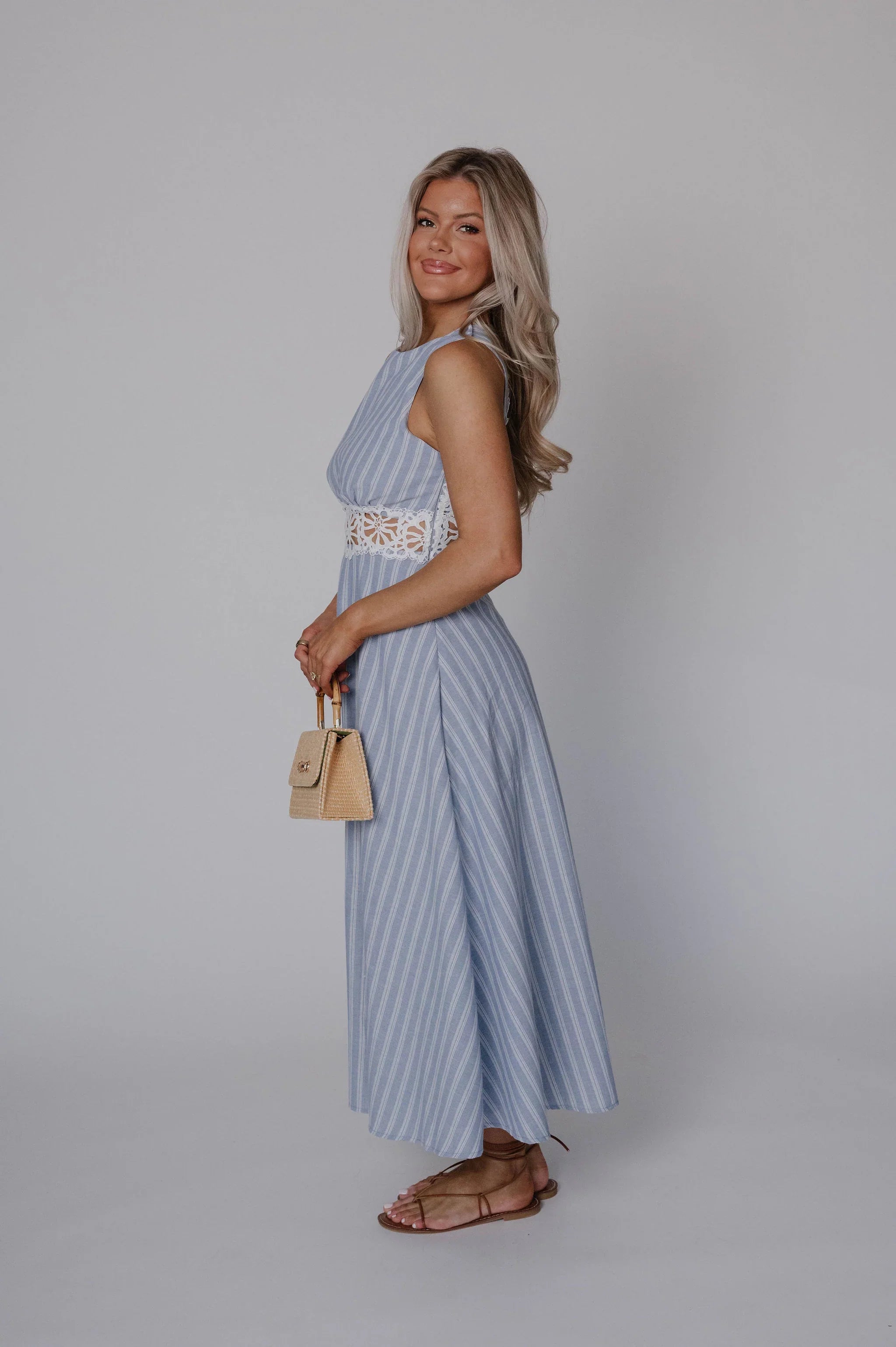 Striped Lace Trim Open Back Midi Dress-Light Blue