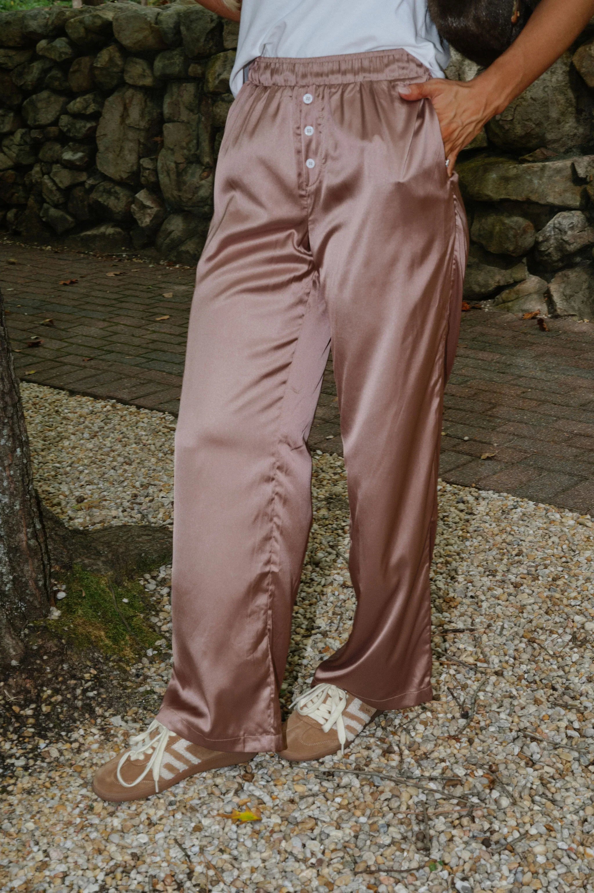Mid-Waist Wide Leg Satin Pant-Bronze