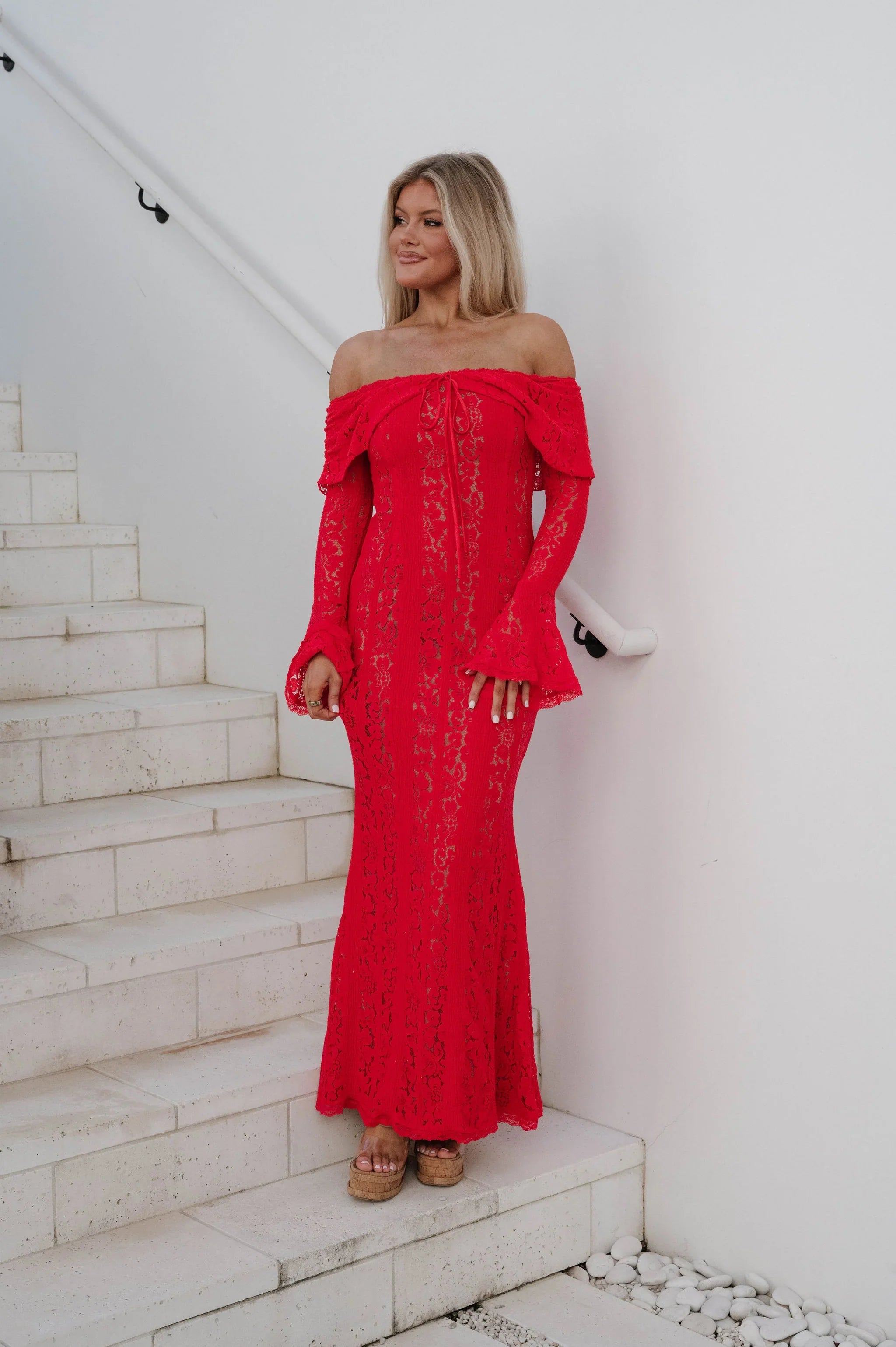 Della Lace Maxi Dress-Red/Nude