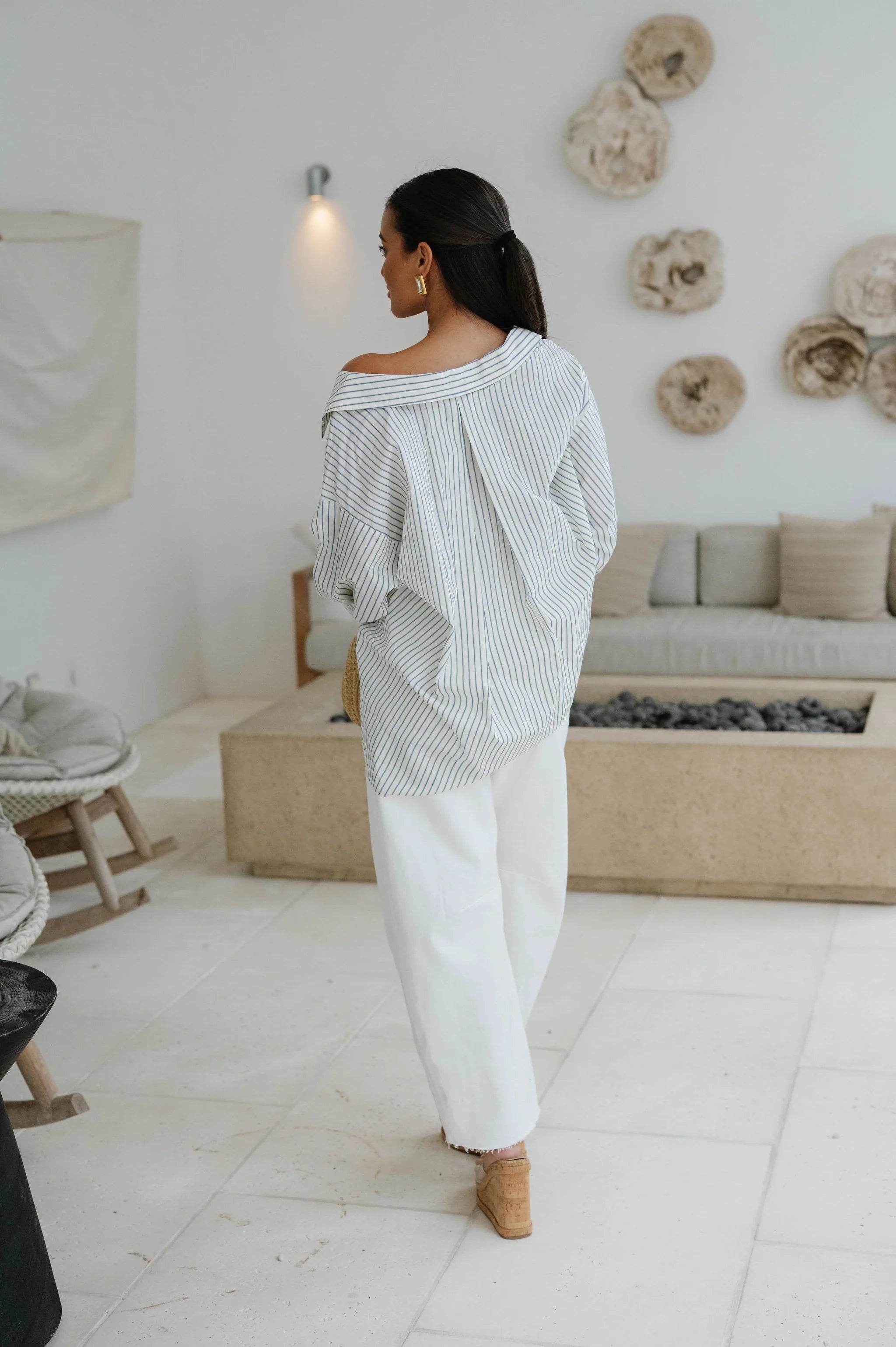 Harrison Oversized Striped Top-Off White/Blue