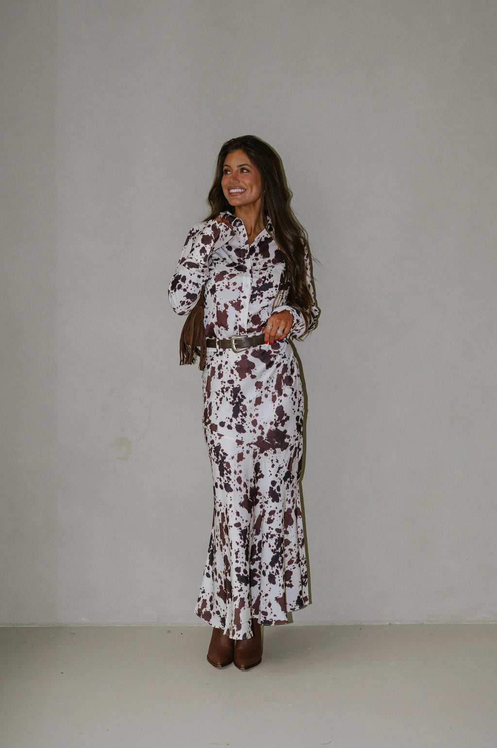 Belted Maxi Skirt-Cow Print