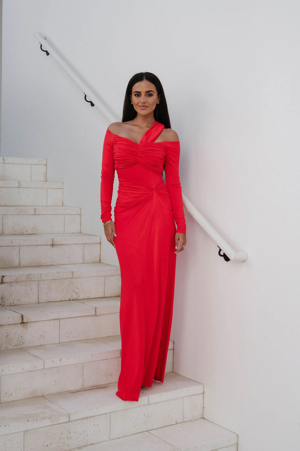 Loren OTS Ruched Maxi Dress-Red