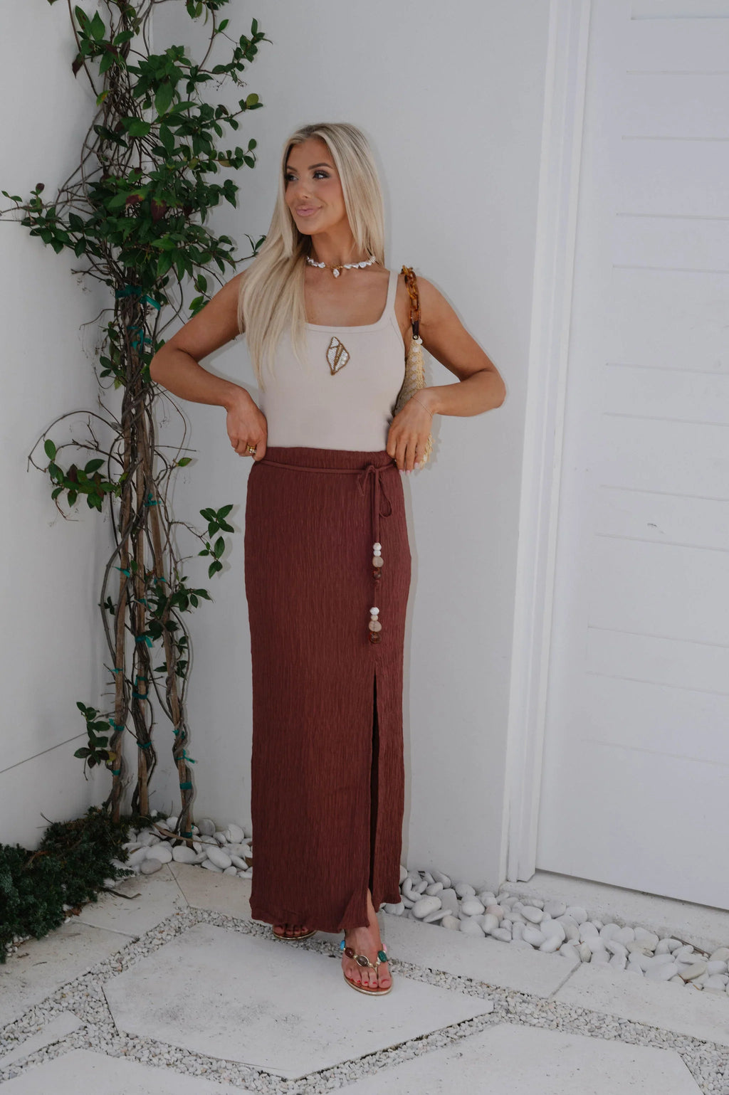 Textured Woven Maxi Skirt-Red Wood