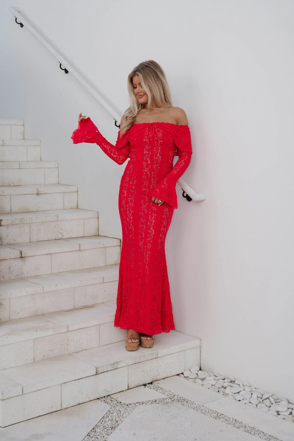 Della Lace Maxi Dress-Red/Nude