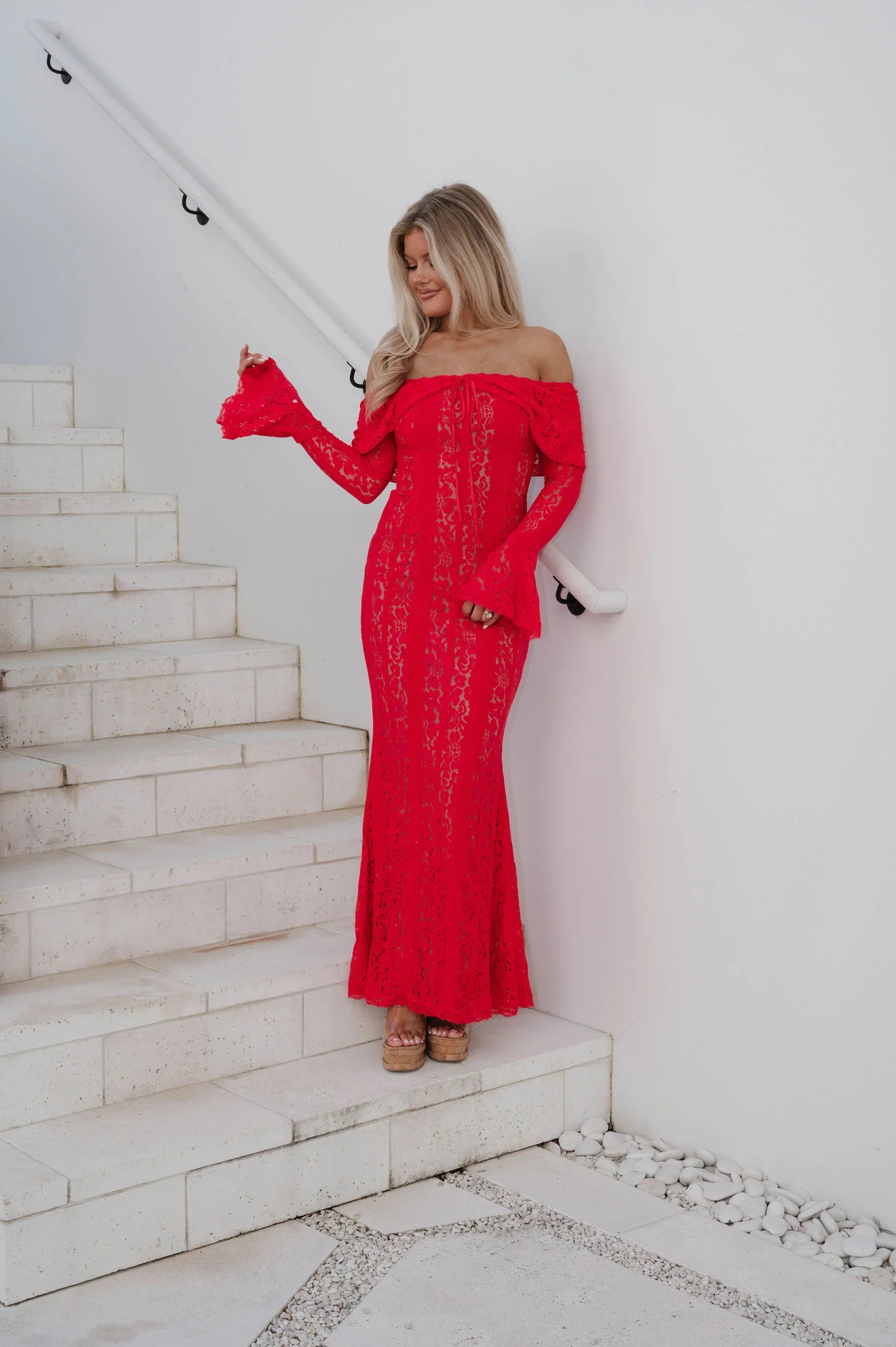 Della Lace Maxi Dress-Red/Nude