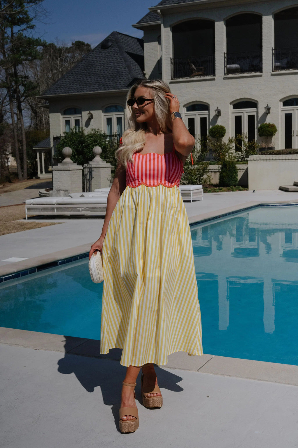 Striped Two Toned Midi Dress-Lemon/Orange