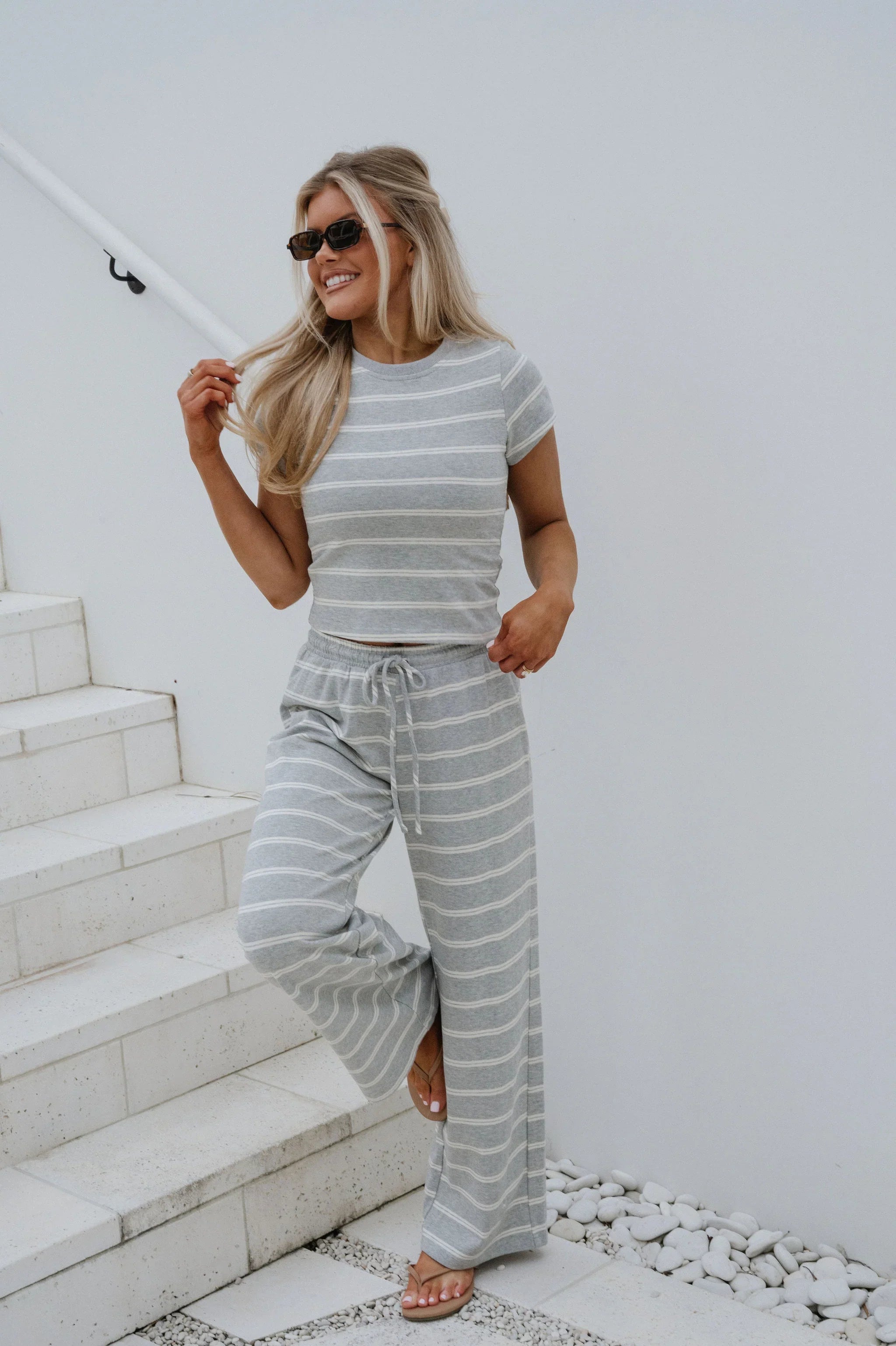Jenna Striped Pants Set-Grey/Cream