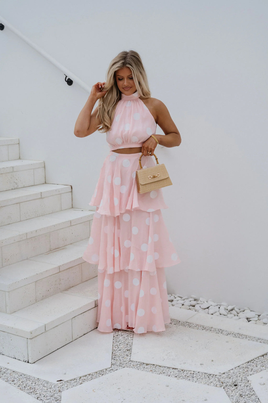 Spring Polka Dot Halter Neck Skirt Set-Pink