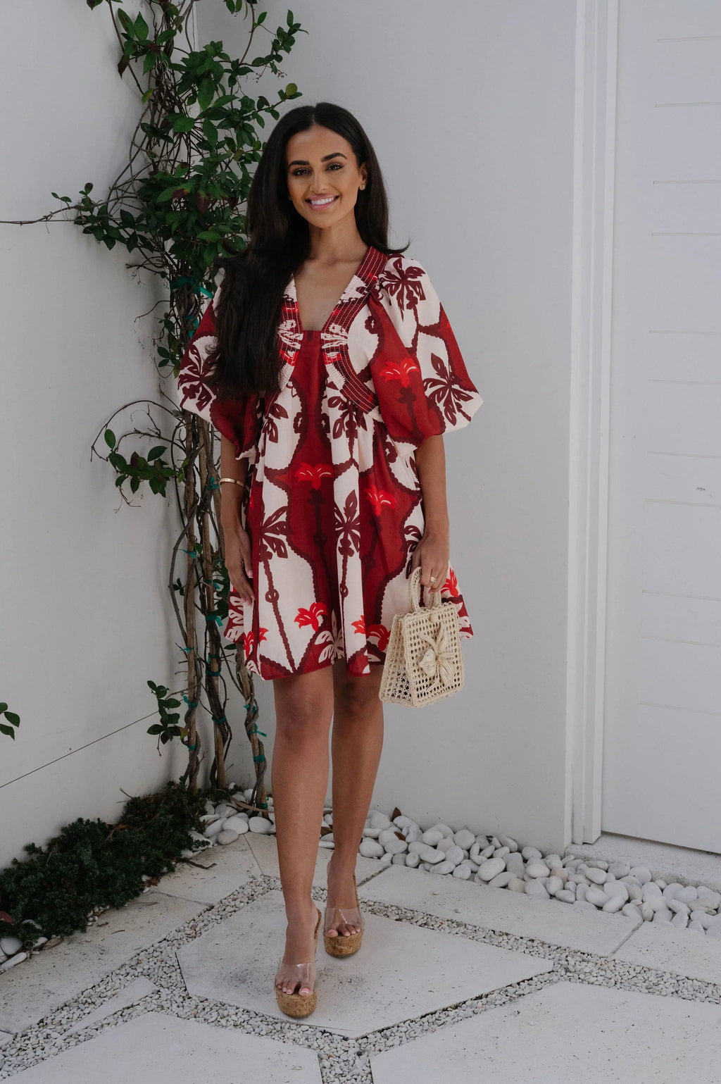 Marina Tropical Mini Dress-Burgundy Multi