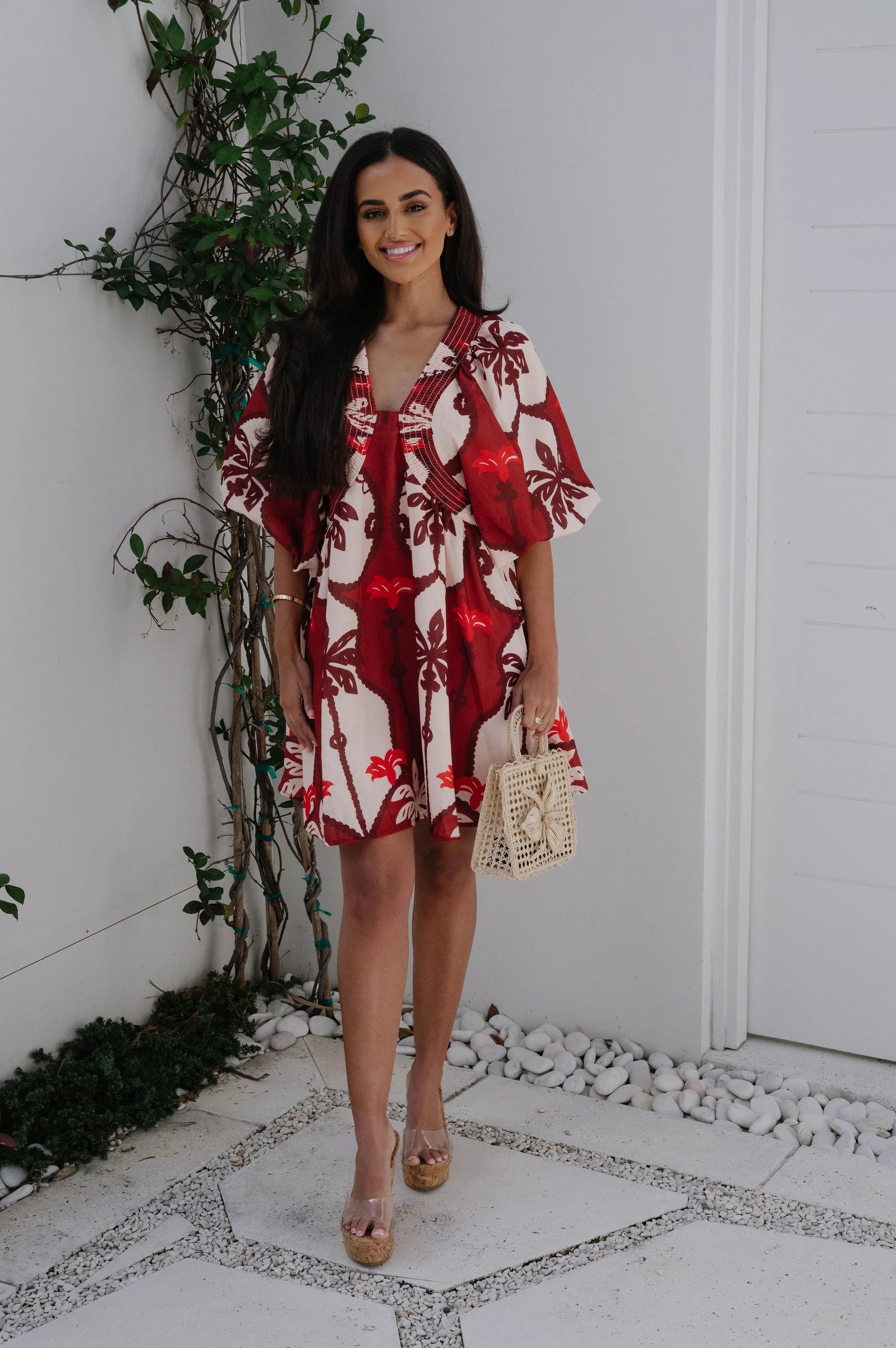 Marina Tropical Mini Dress-Burgundy Multi