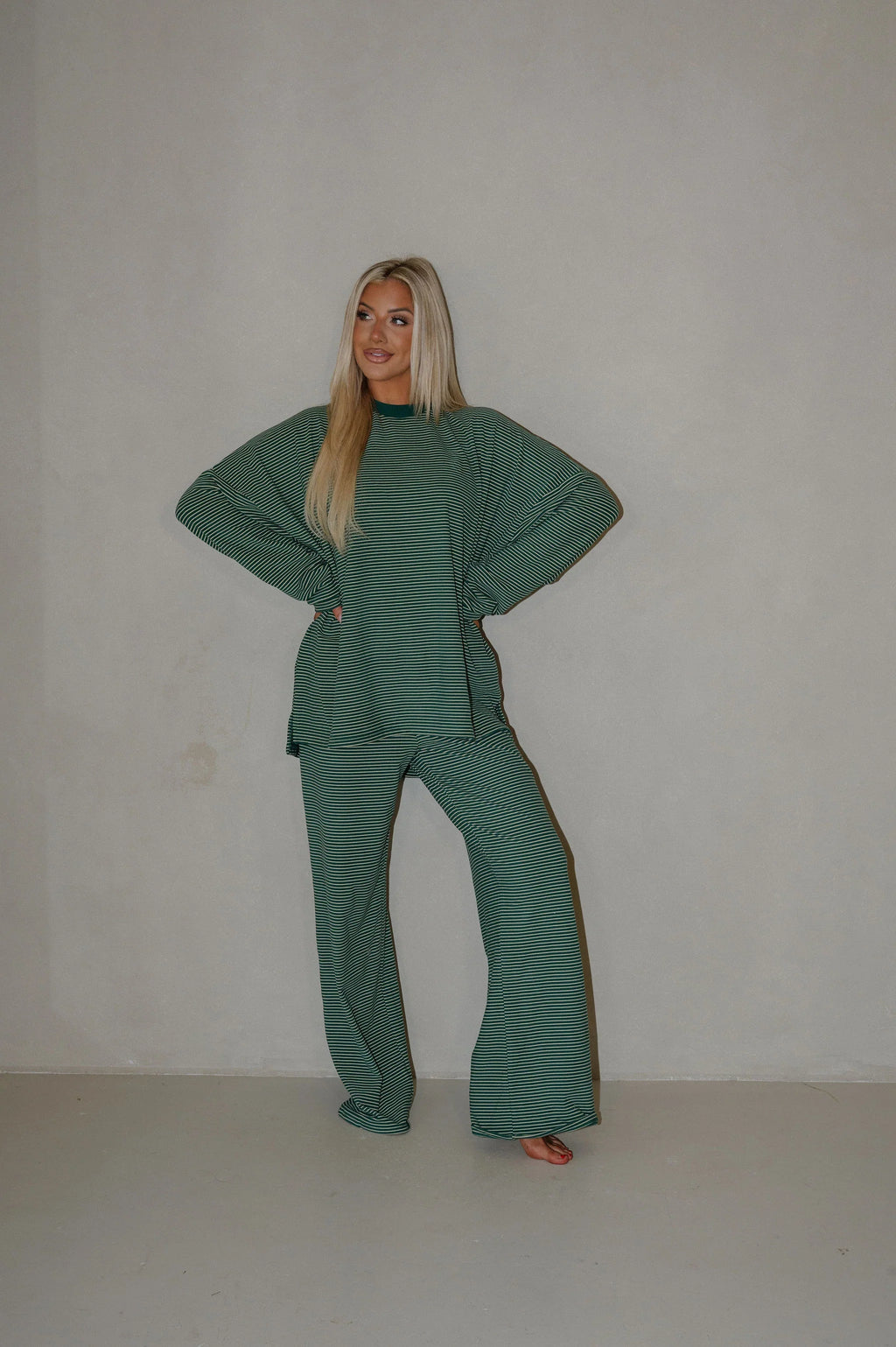 Nora Striped Fleece Oversized Top-Green