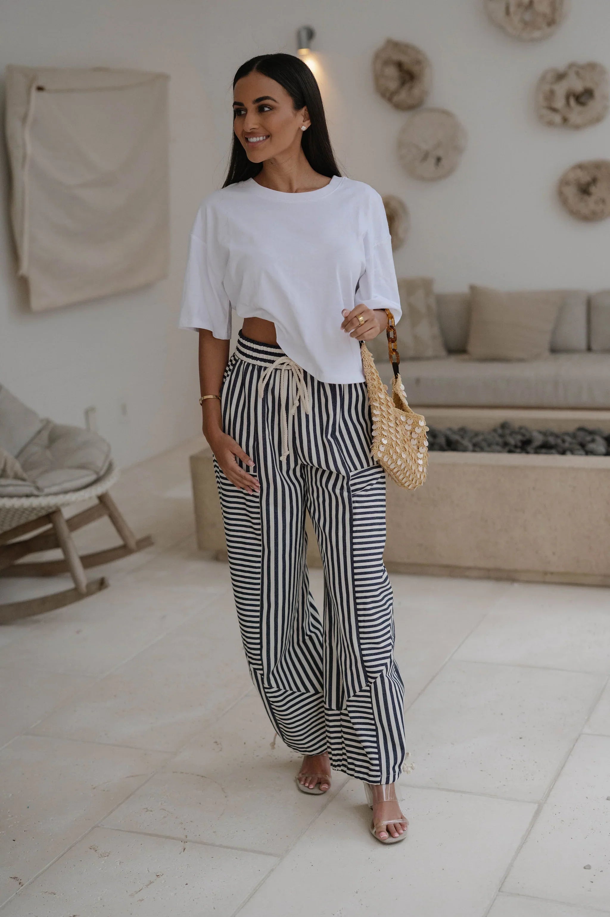 Striped Parachute Pants-Blue
