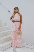Spring Polka Dot Halter Neck Skirt Set-Pink