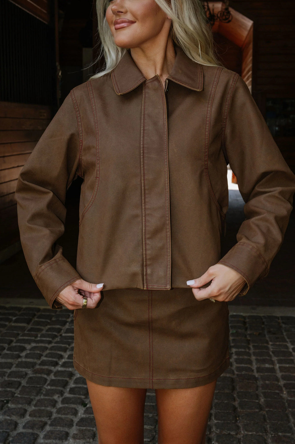 Contrast Stitch Skirt Set-Camel