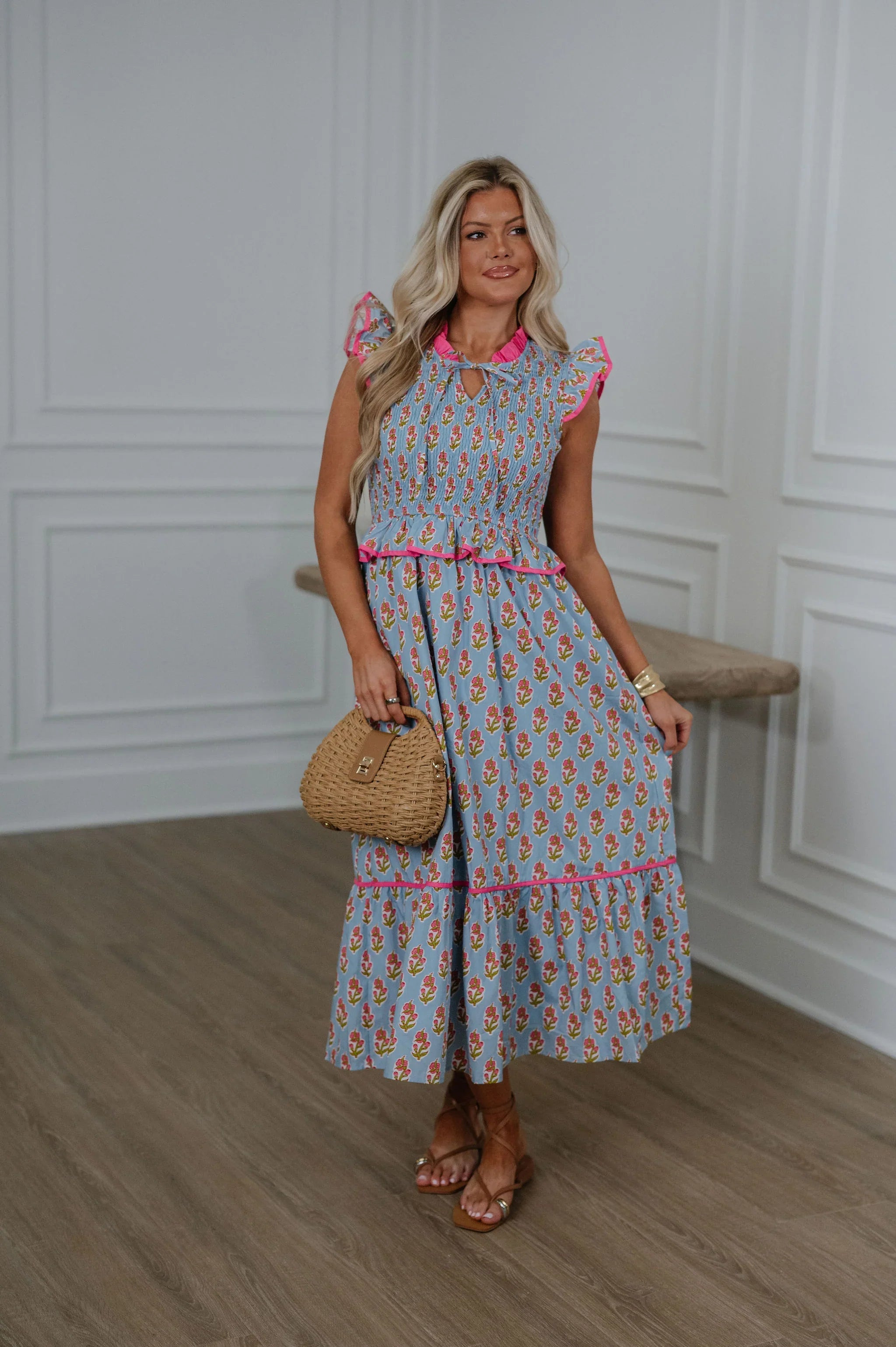 Floral Smocked Peplum Tiered Midi Dress-Blue