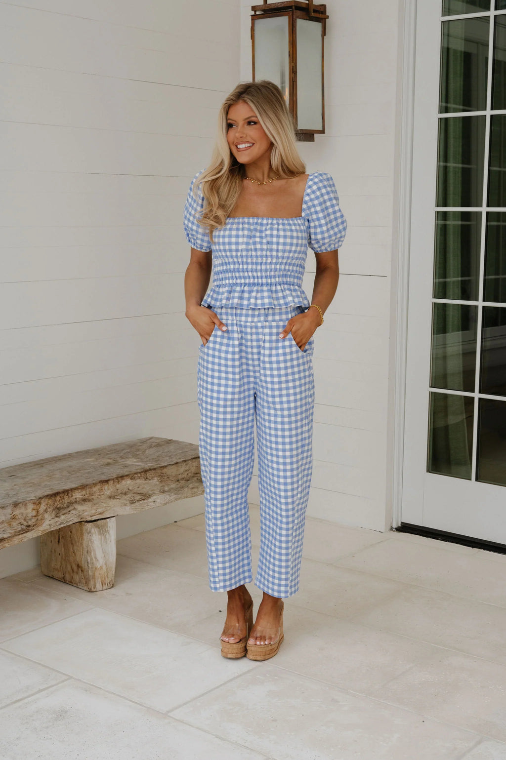 Anika Gingham Ruffle Top-Blue/White