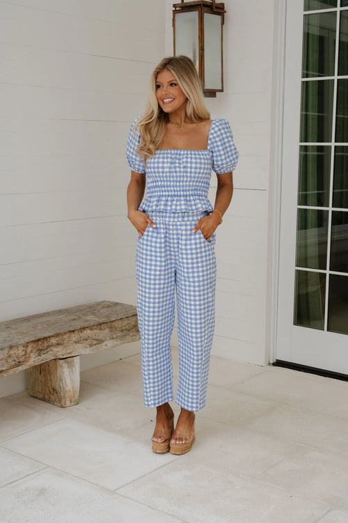 Anika Gingham Ruffle Top-Blue/White