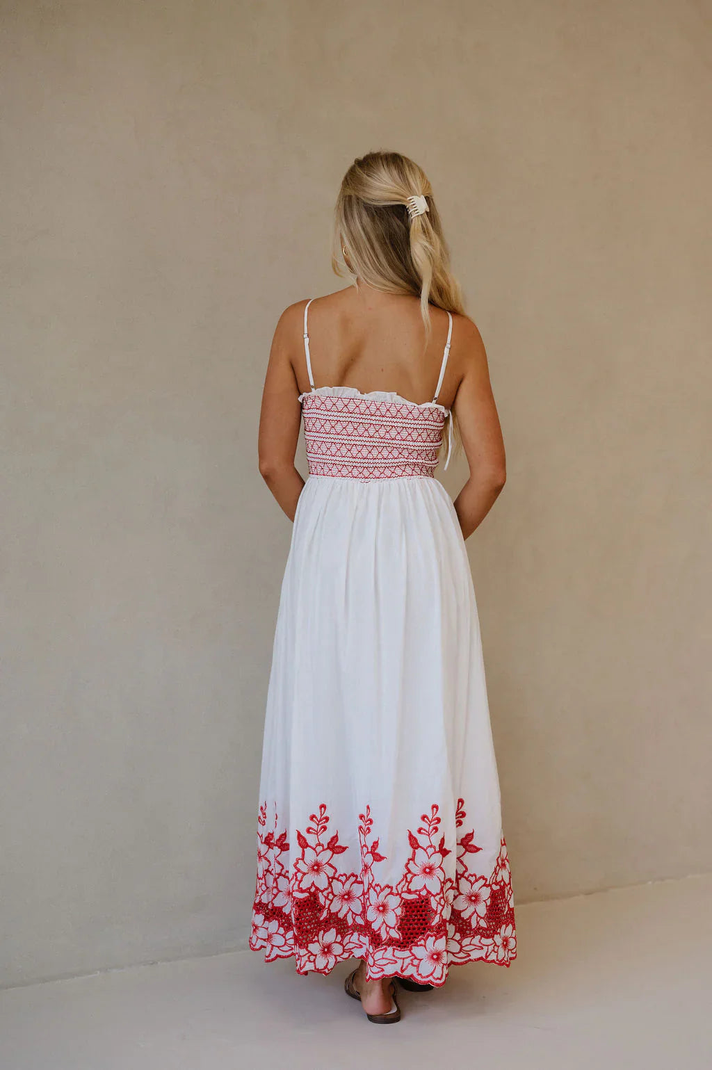 Embroidered Smocked Maxi Dress-Red