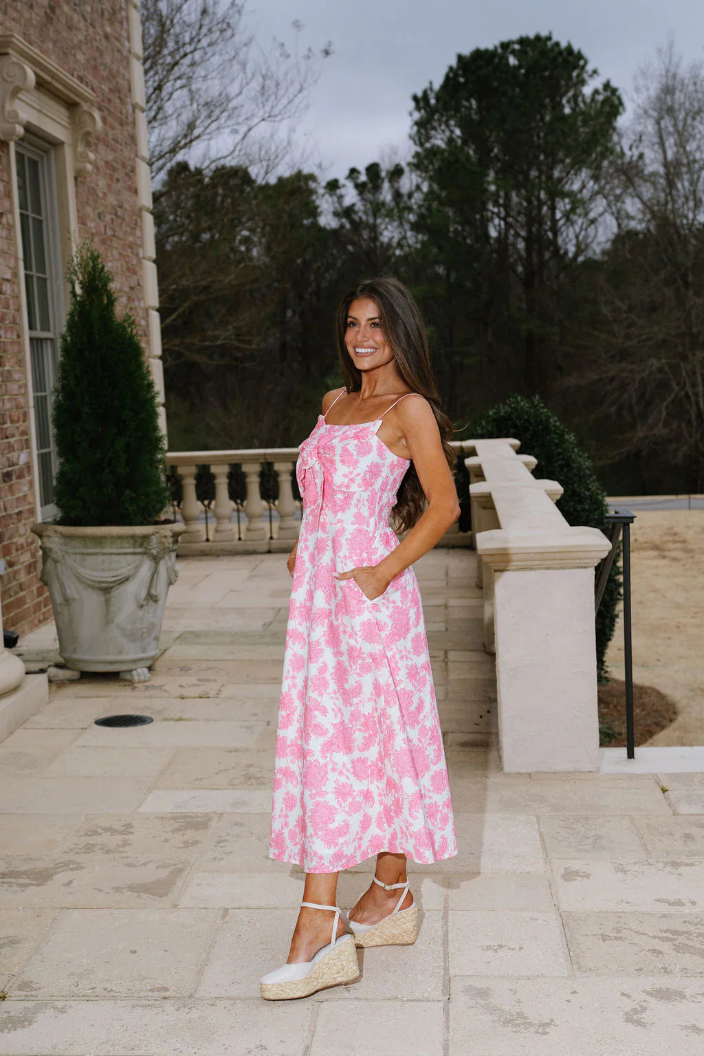 Oliver Floral Midi Dress-Pink/White