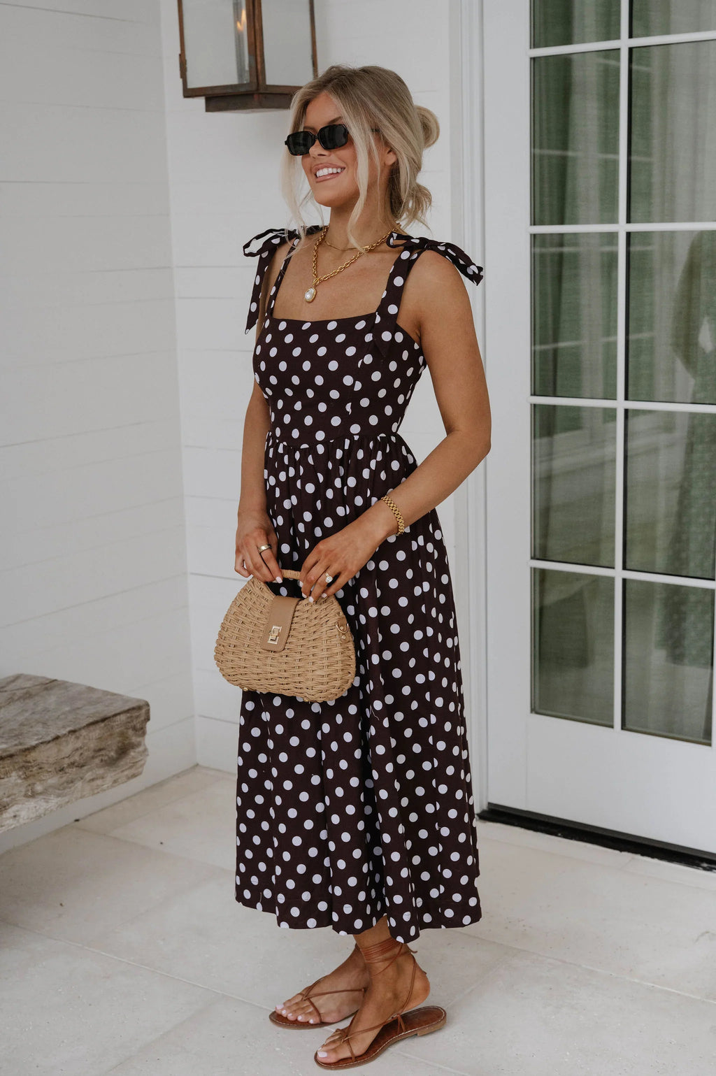 Serena Polka Dot Midi Dress-Brown
