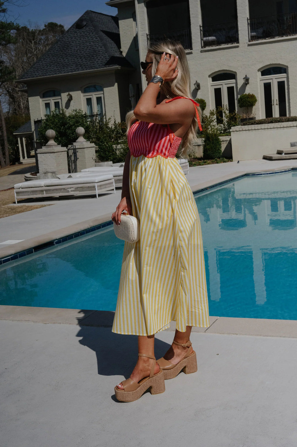 Striped Two Toned Midi Dress-Lemon/Orange