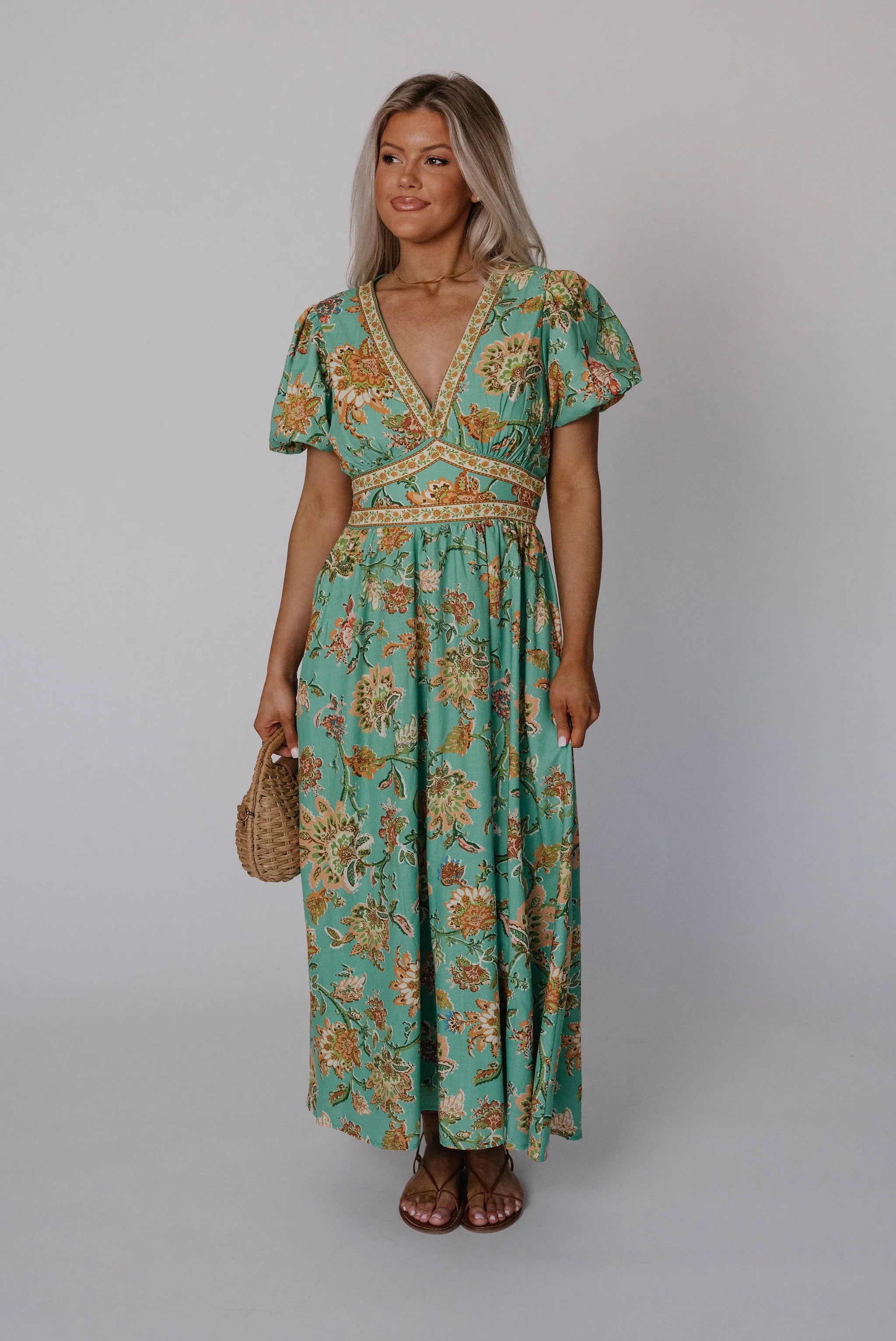 Jaynie Puff Sleeve Midi Dress-Green Multi
