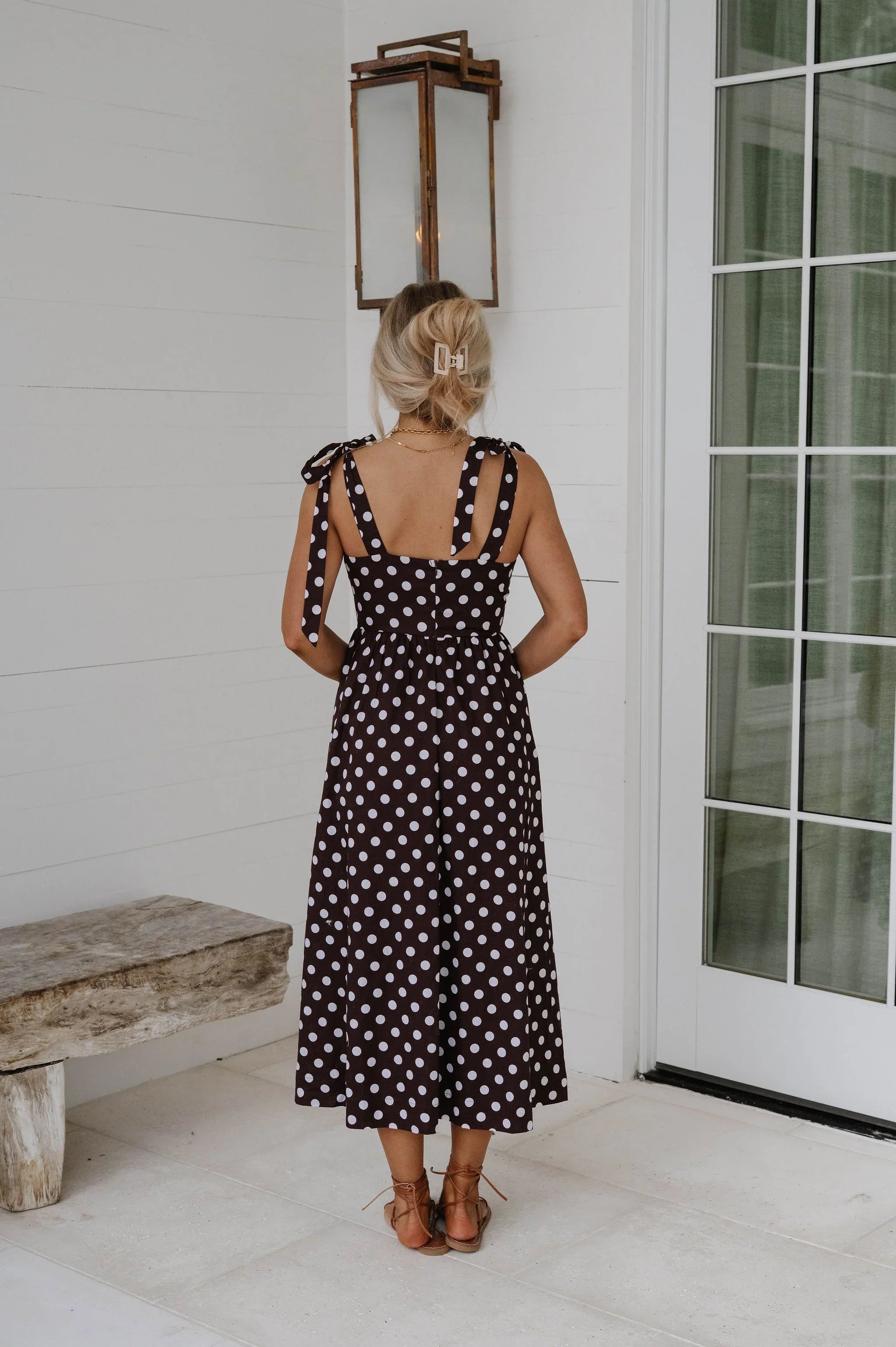 Serena Polka Dot Midi Dress-Brown