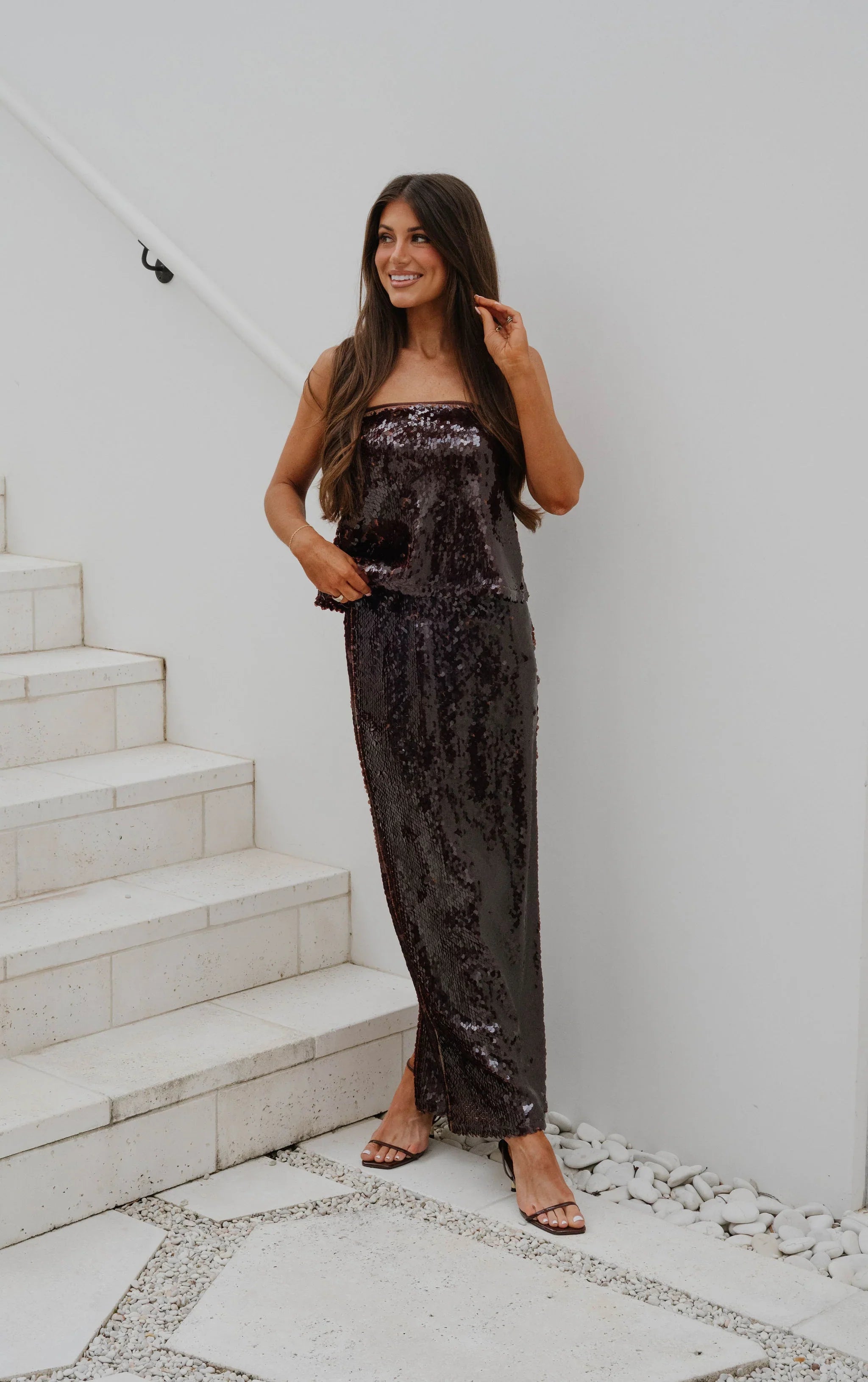 Eloise Sequin Maxi Skirt Set-Brown