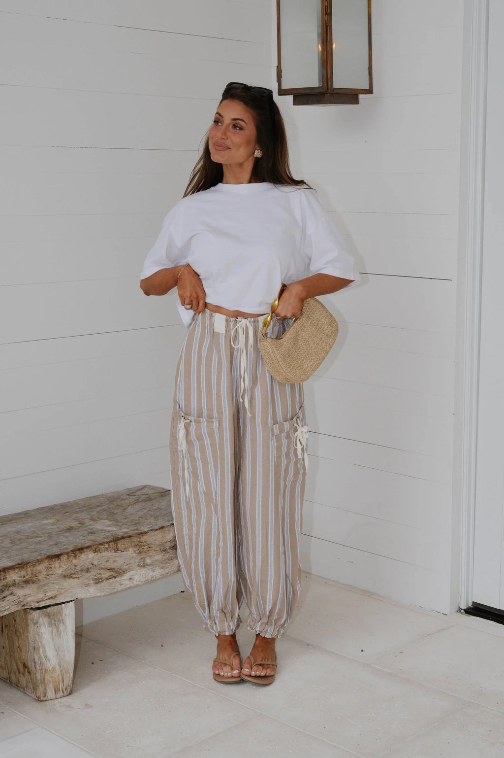 Marlow Striped Jogger Pants-Almond Latte