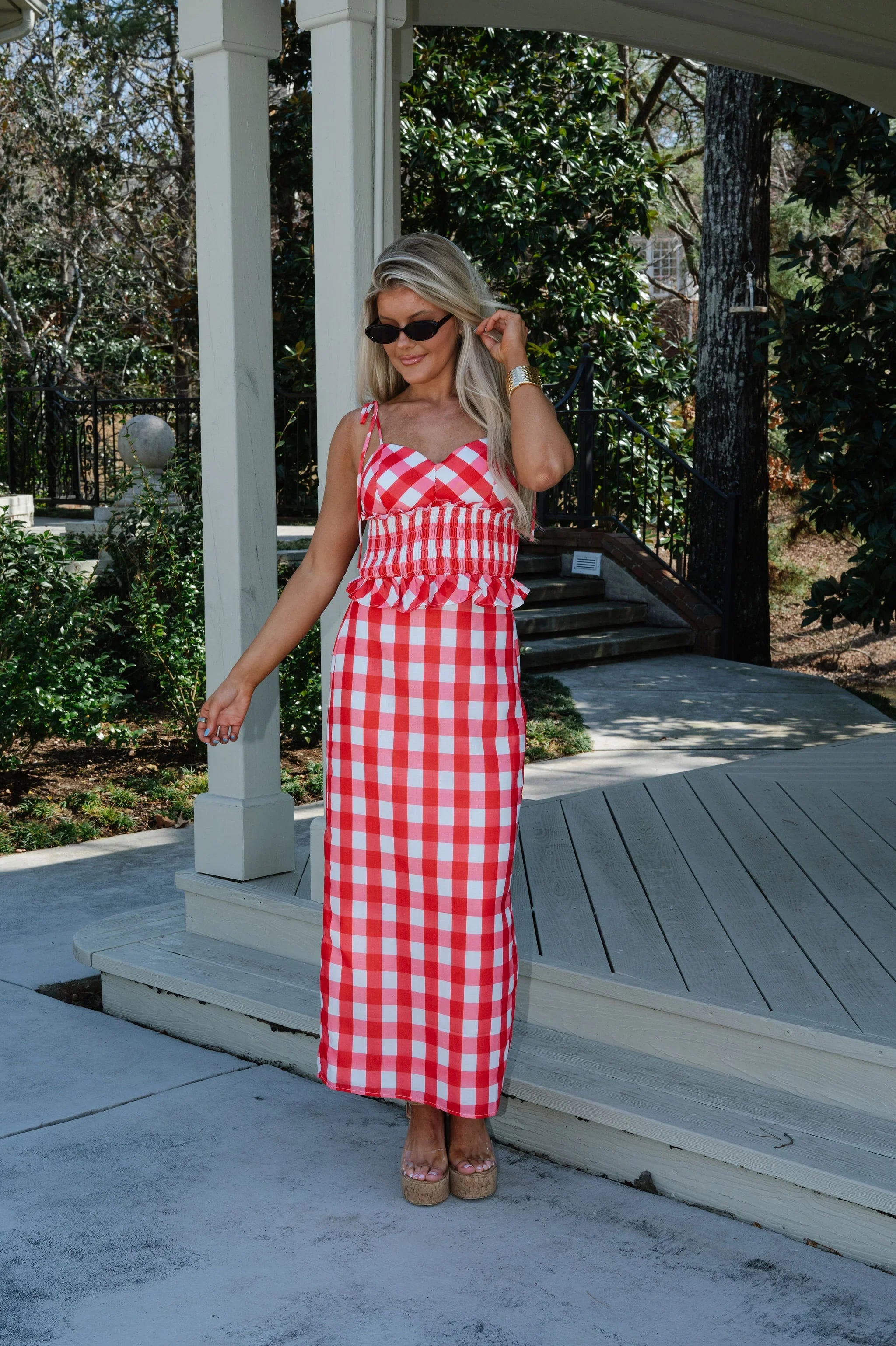 Collier Gingham Skirt Set-Red/White