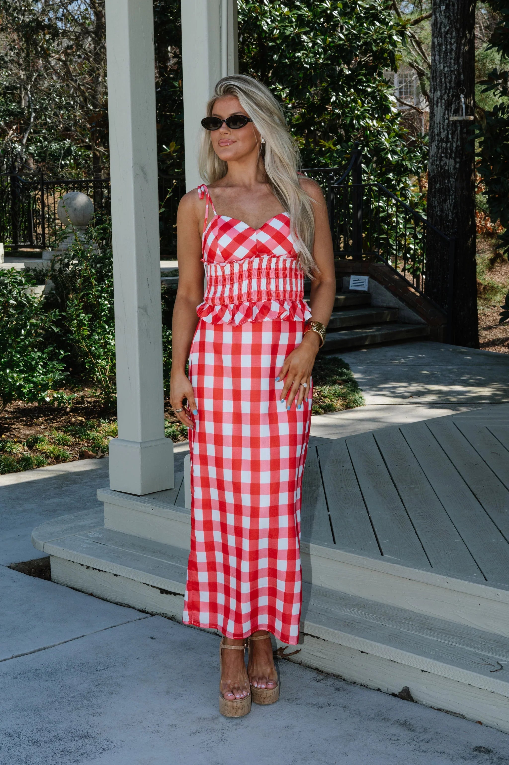 Collier Gingham Skirt Set-Red/White