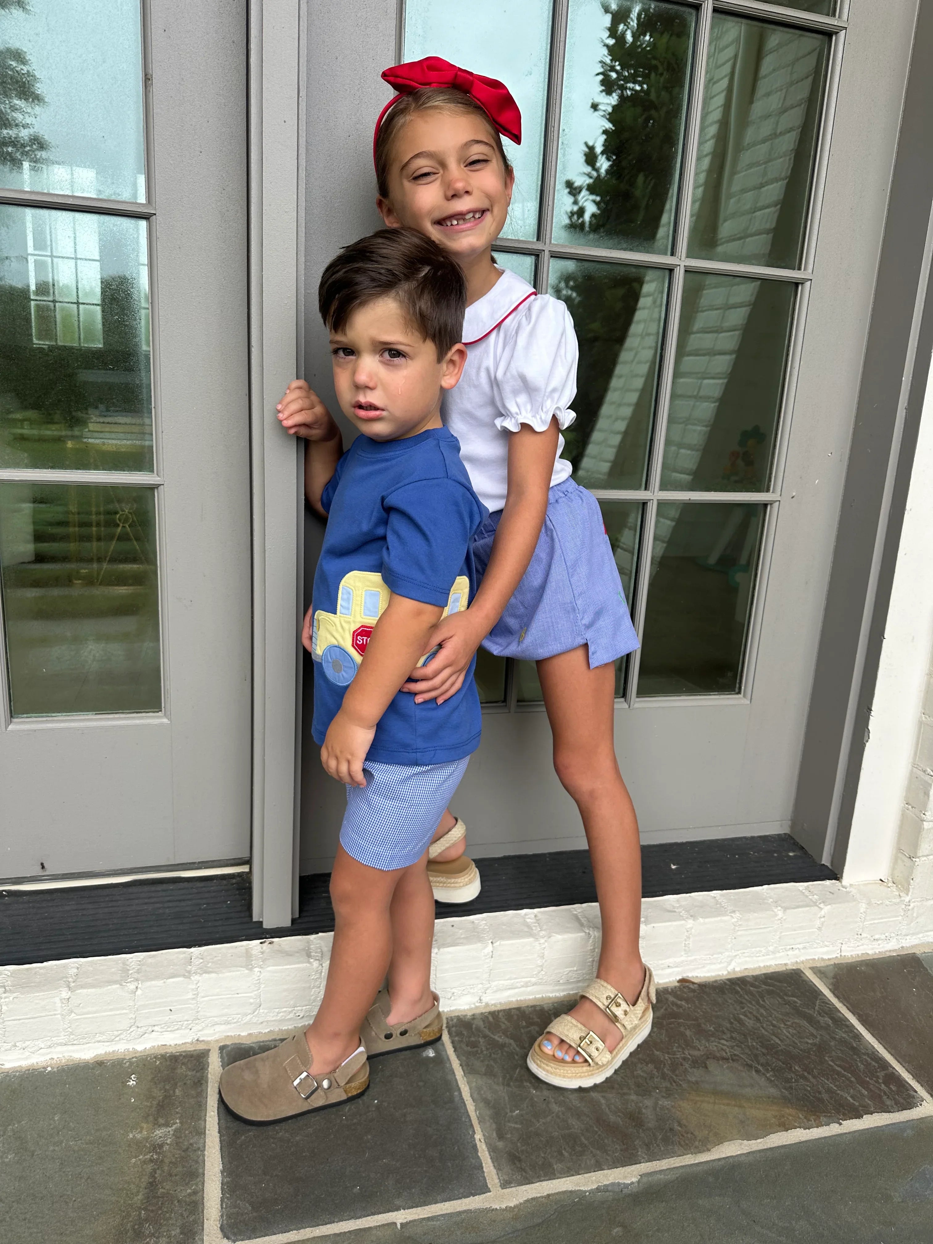 School Bus Shorts-Royal Blue Gingham