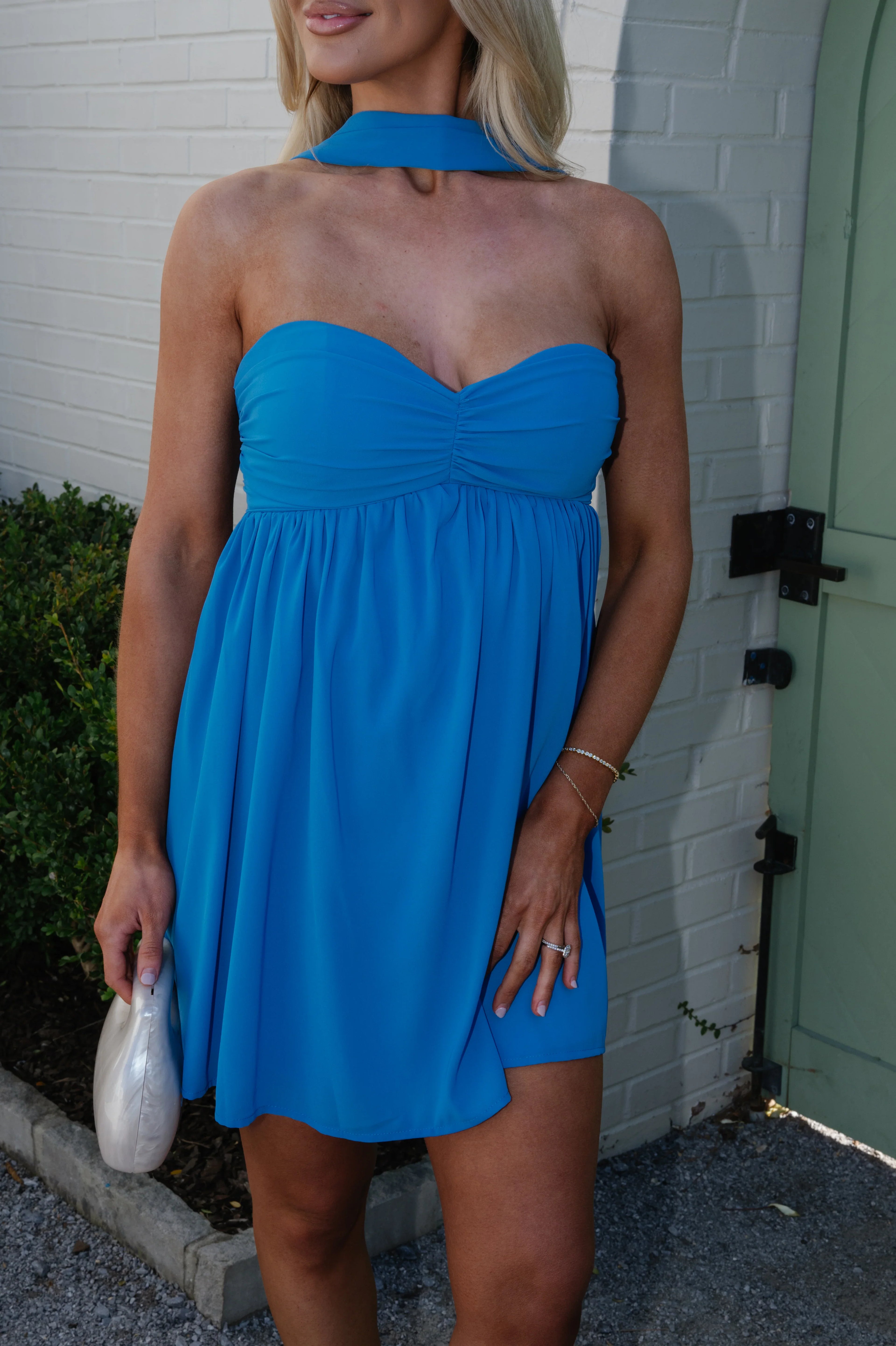 Arden Scarf Detail Mini Dress-Blue