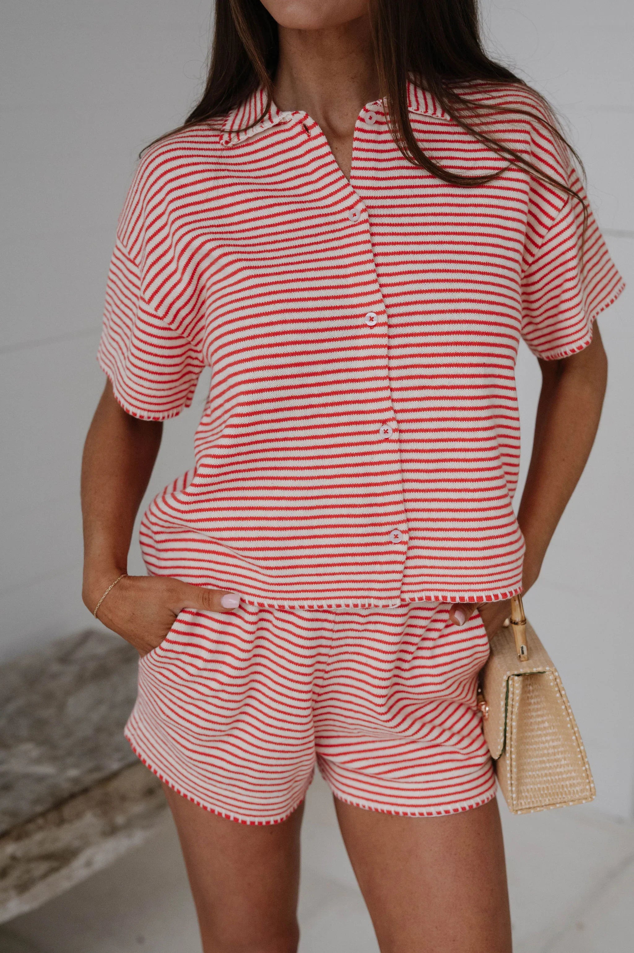 Miah Stripe Knit Shorts Set-Ecru/Red