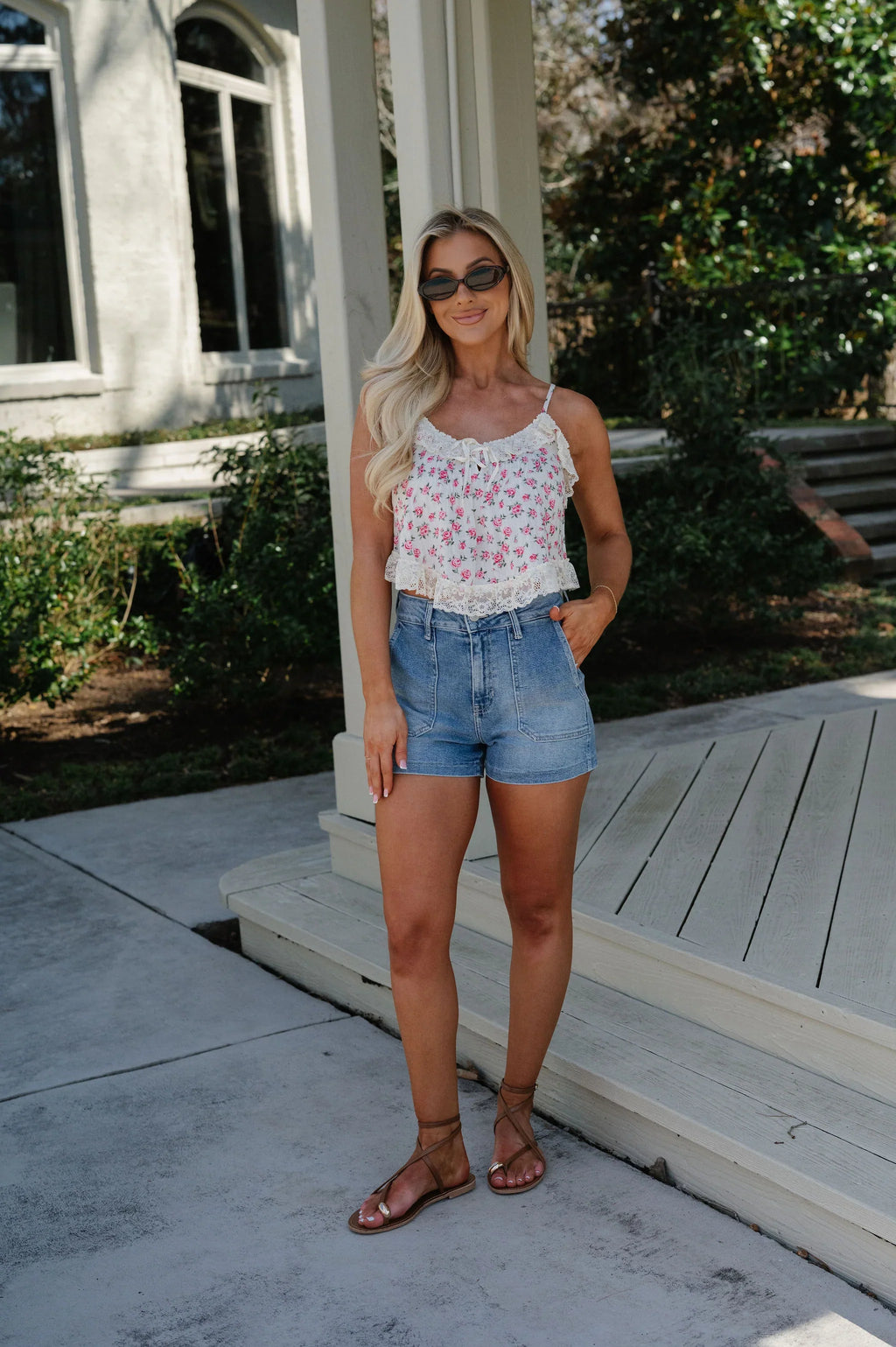 Victoria Lace Trim Top-Pink Floral