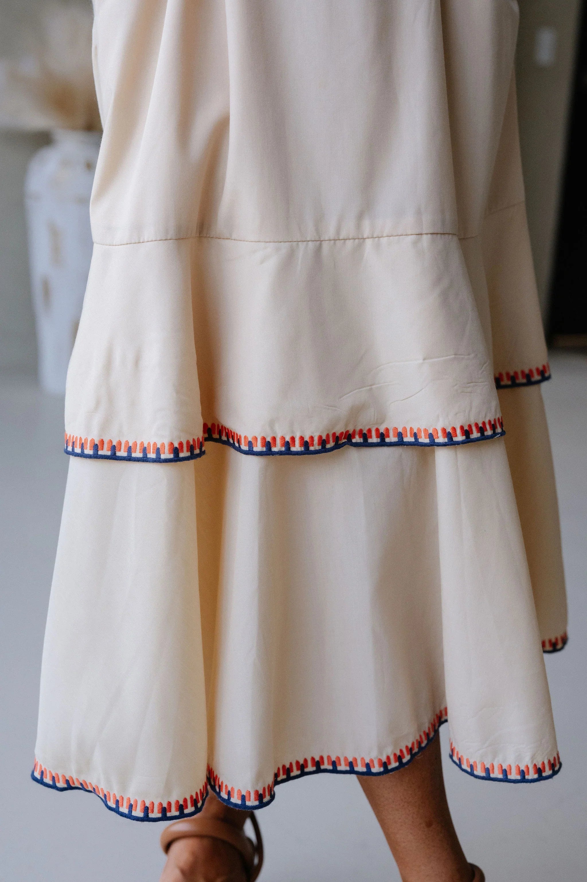 Layered Embroidered Midi Dress- Almond