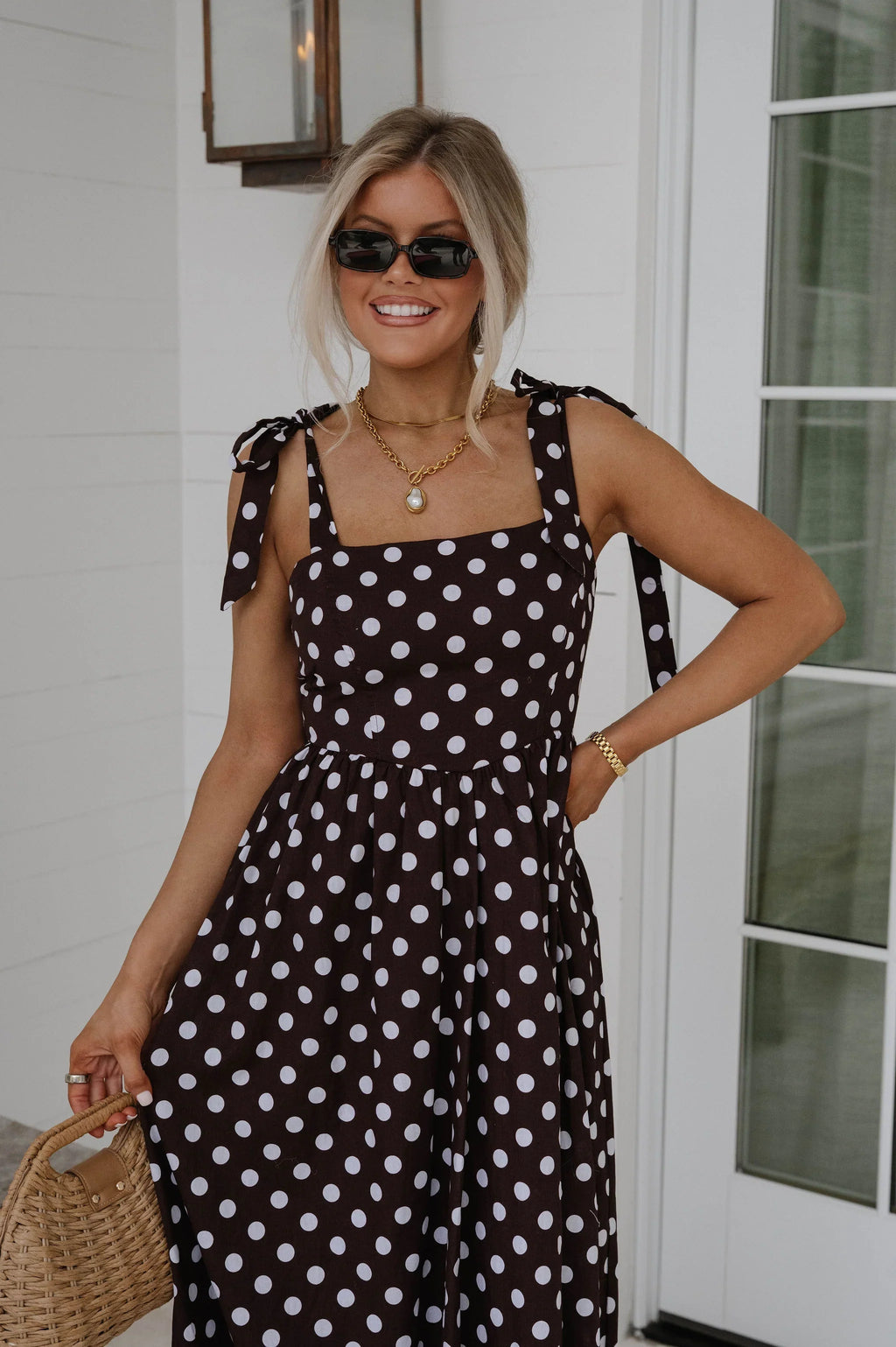 Serena Polka Dot Midi Dress-Brown