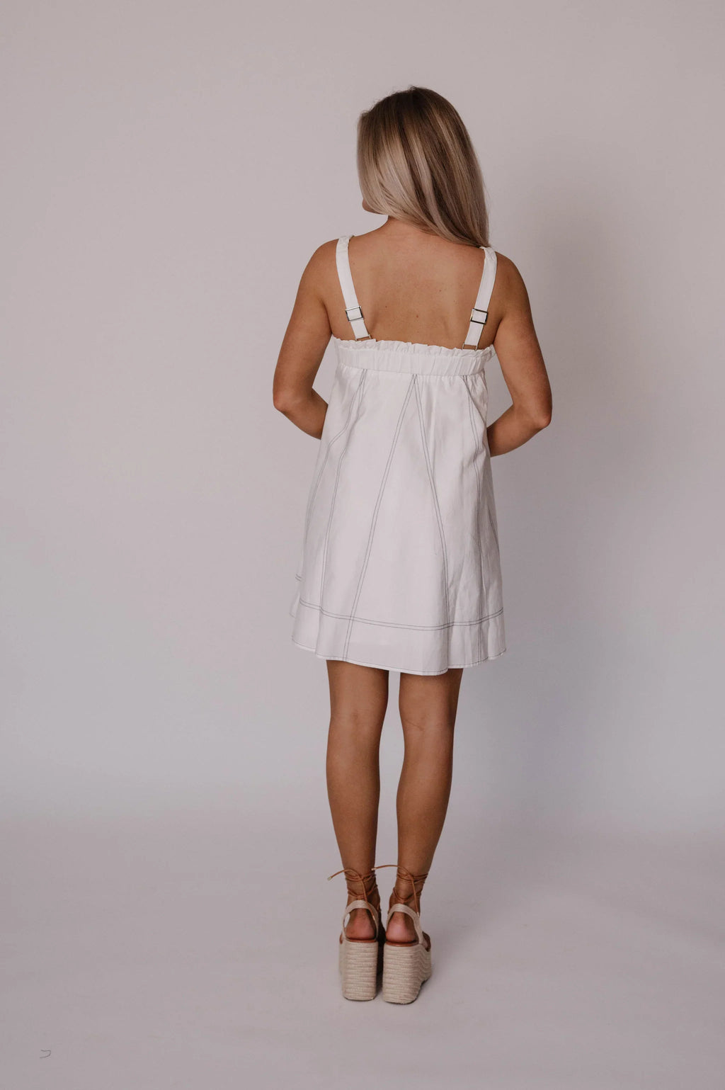 Ruffled Stitch Contrast Mini Dress-White