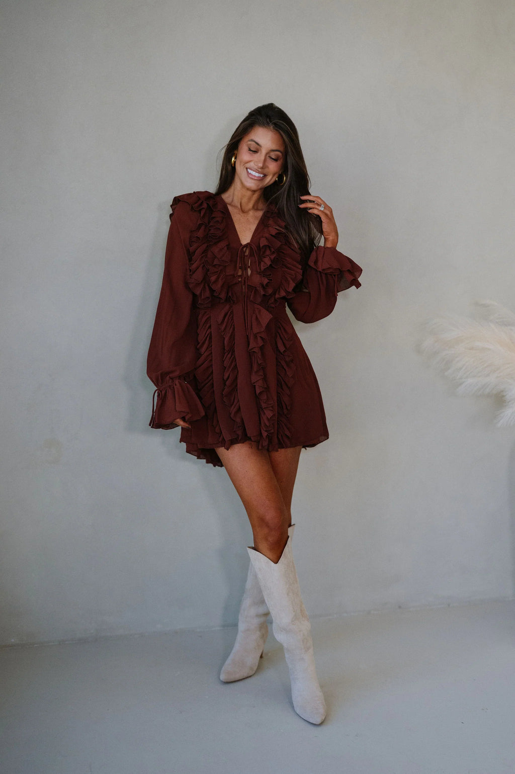 Chiffon Ruffled Mini Dress-Rust