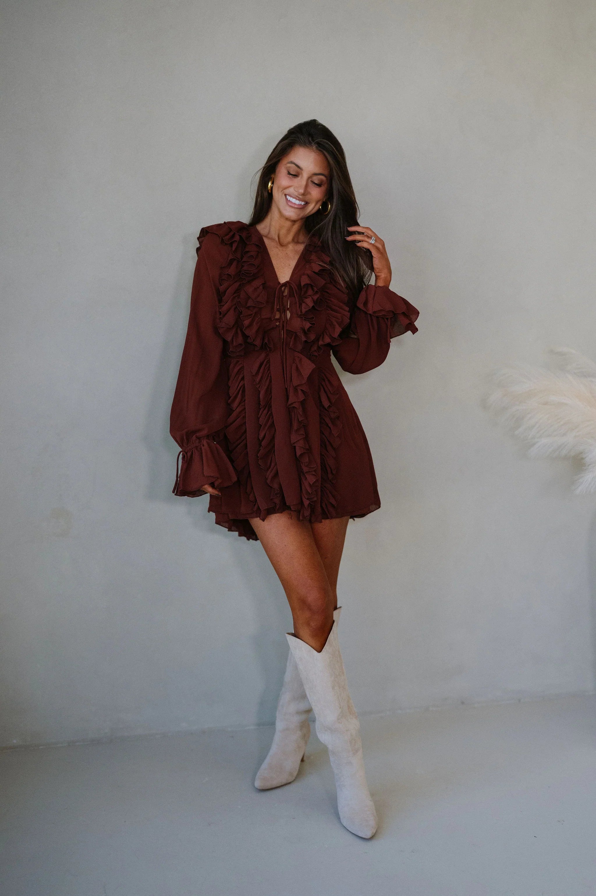 Chiffon Ruffled Mini Dress-Rust