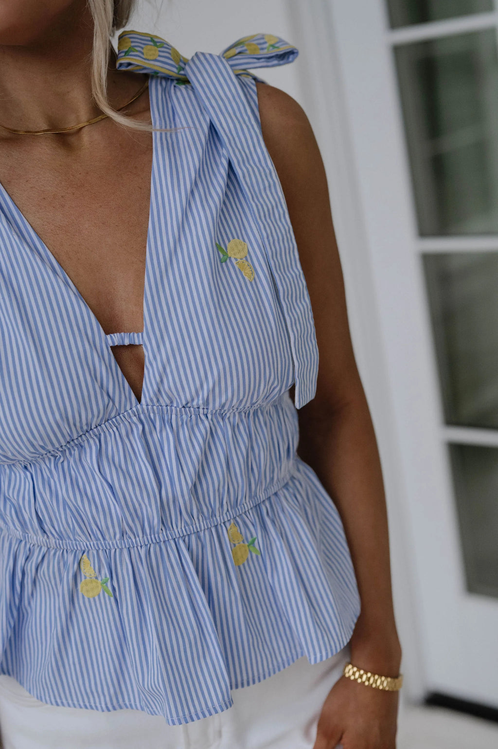 Lemon Embroidery Top-Marina Blue
