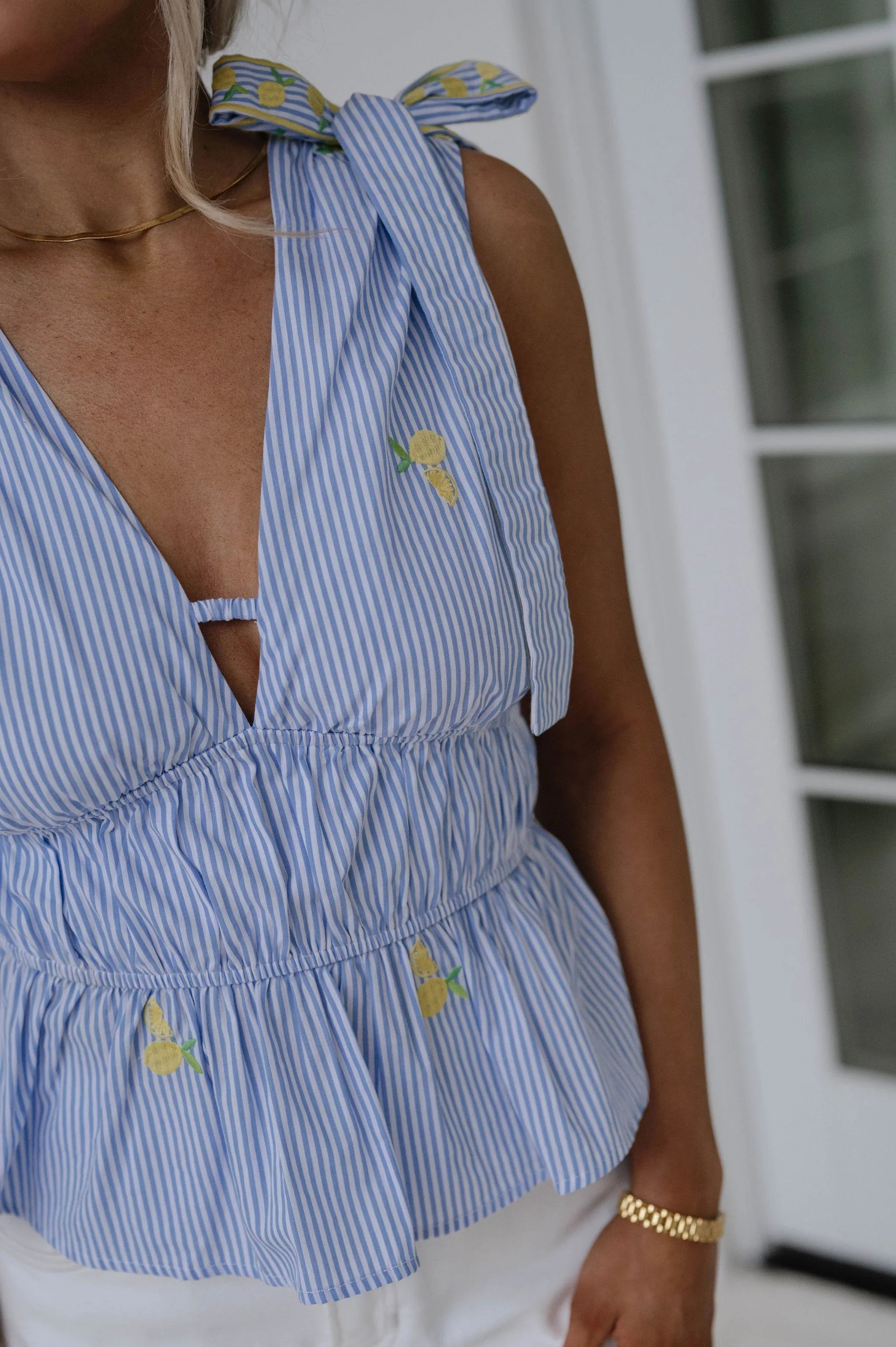 Lemon Embroidery Top-Marina Blue