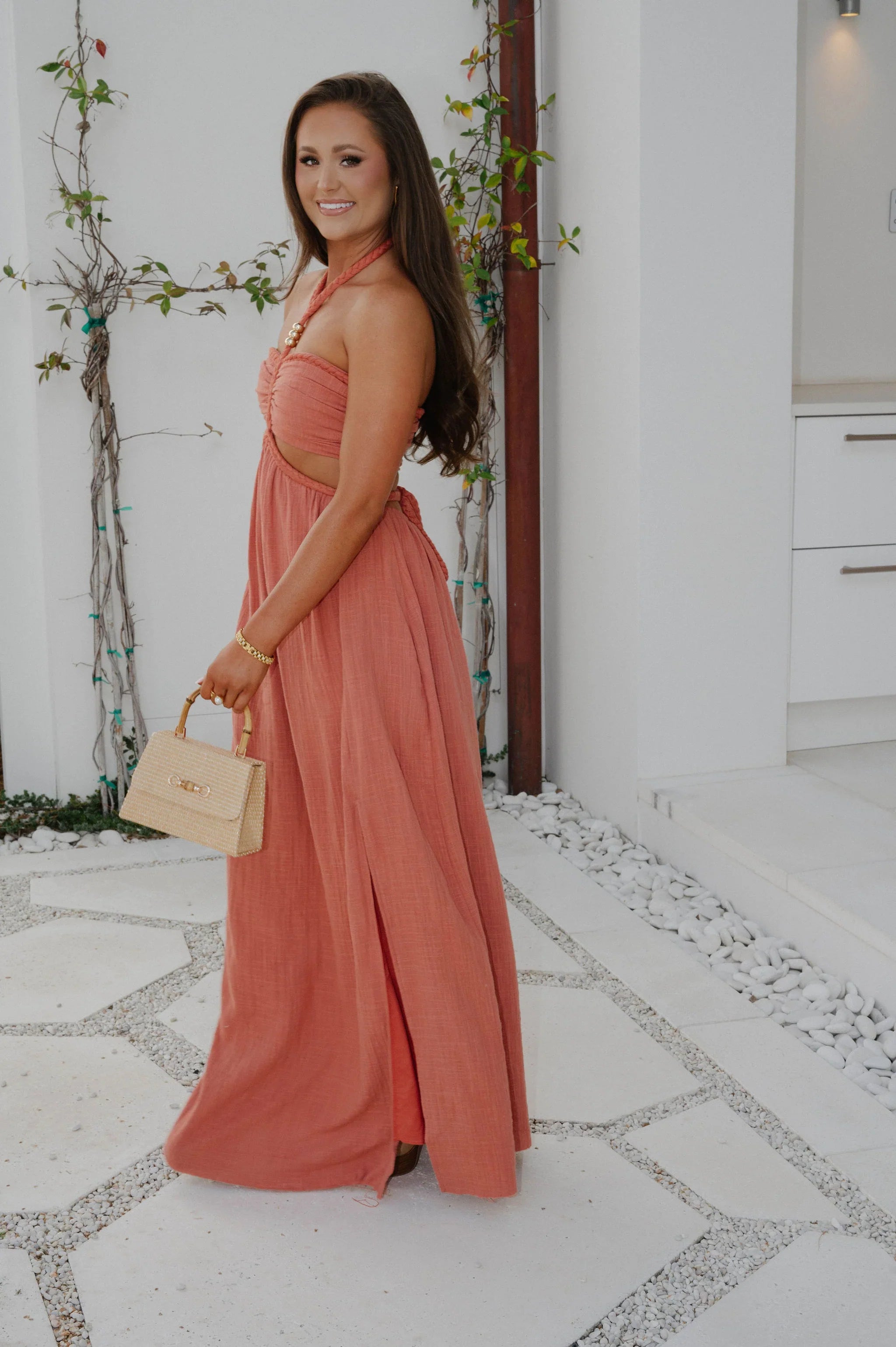 Braided Cut Out Maxi Dress-Rust