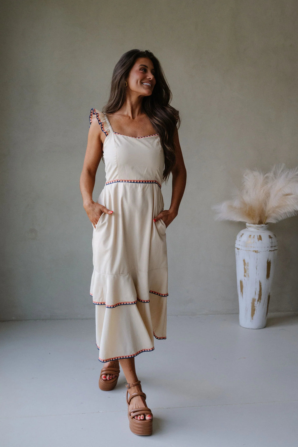 Layered Embroidered Midi Dress- Almond