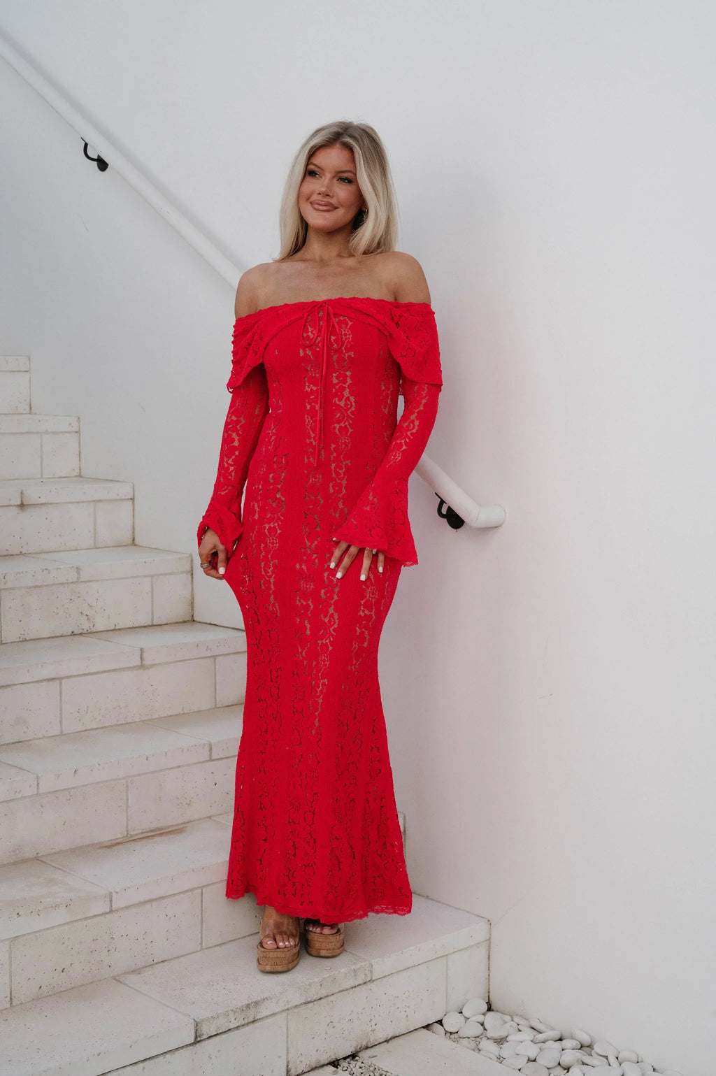 Della Lace Maxi Dress-Red/Nude