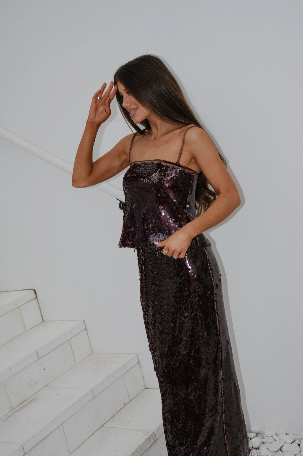 Eloise Sequin Maxi Skirt Set-Brown