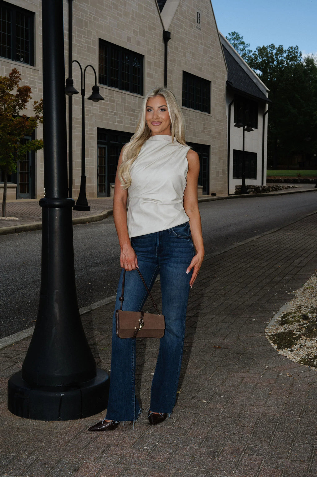Distressed Asymmetrical Leather Top-Beige